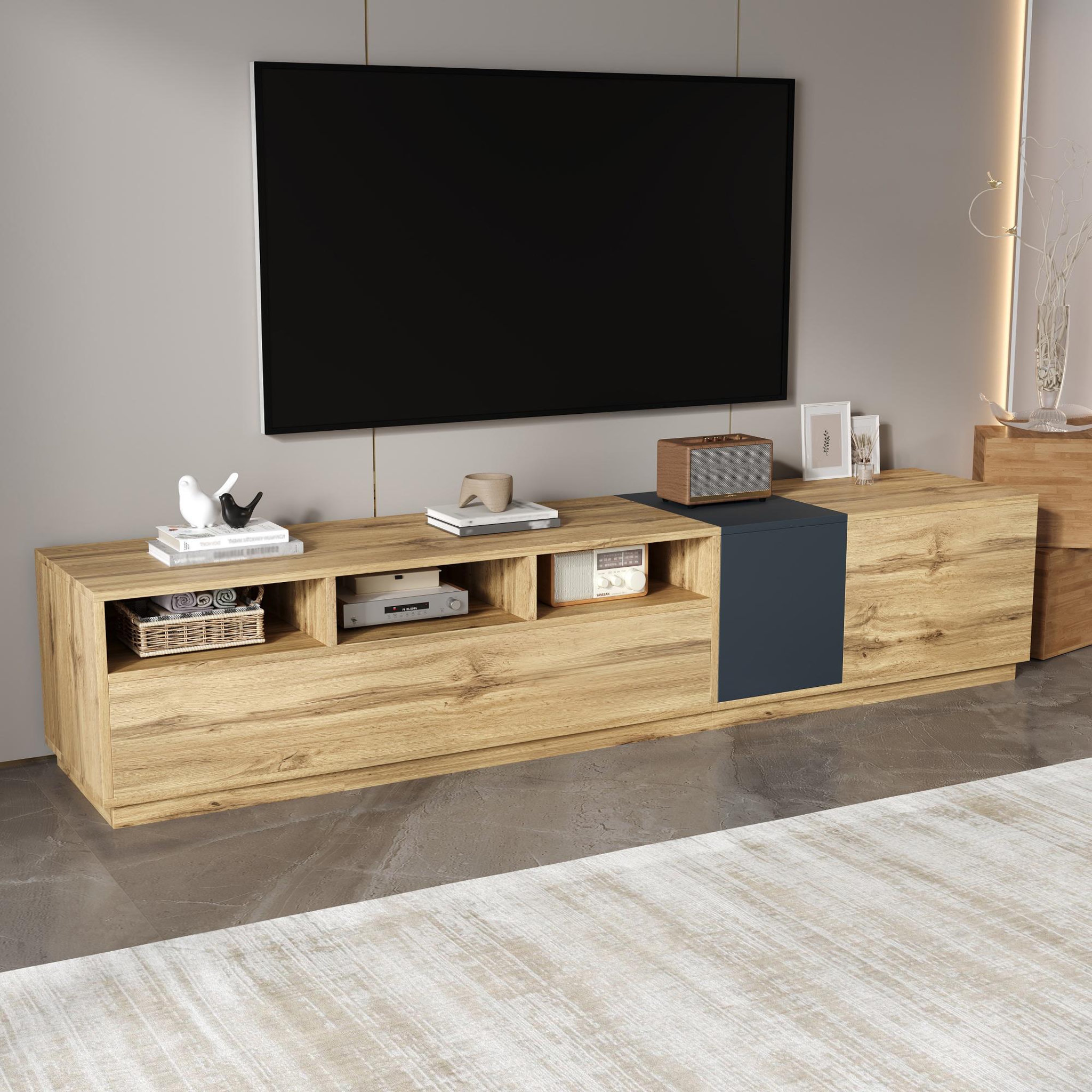 Voir la diapositive 4 : MERAX Meuble tv naturel+noir 200 cm panneau de particules
