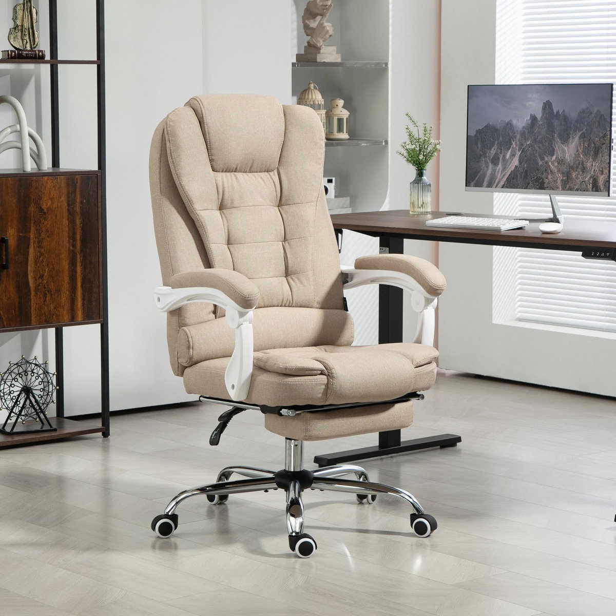 HOMCOM Fauteuil de bureau manager grand confort repose-pied dossier inclinable accoudoirs rembourrés lin beige