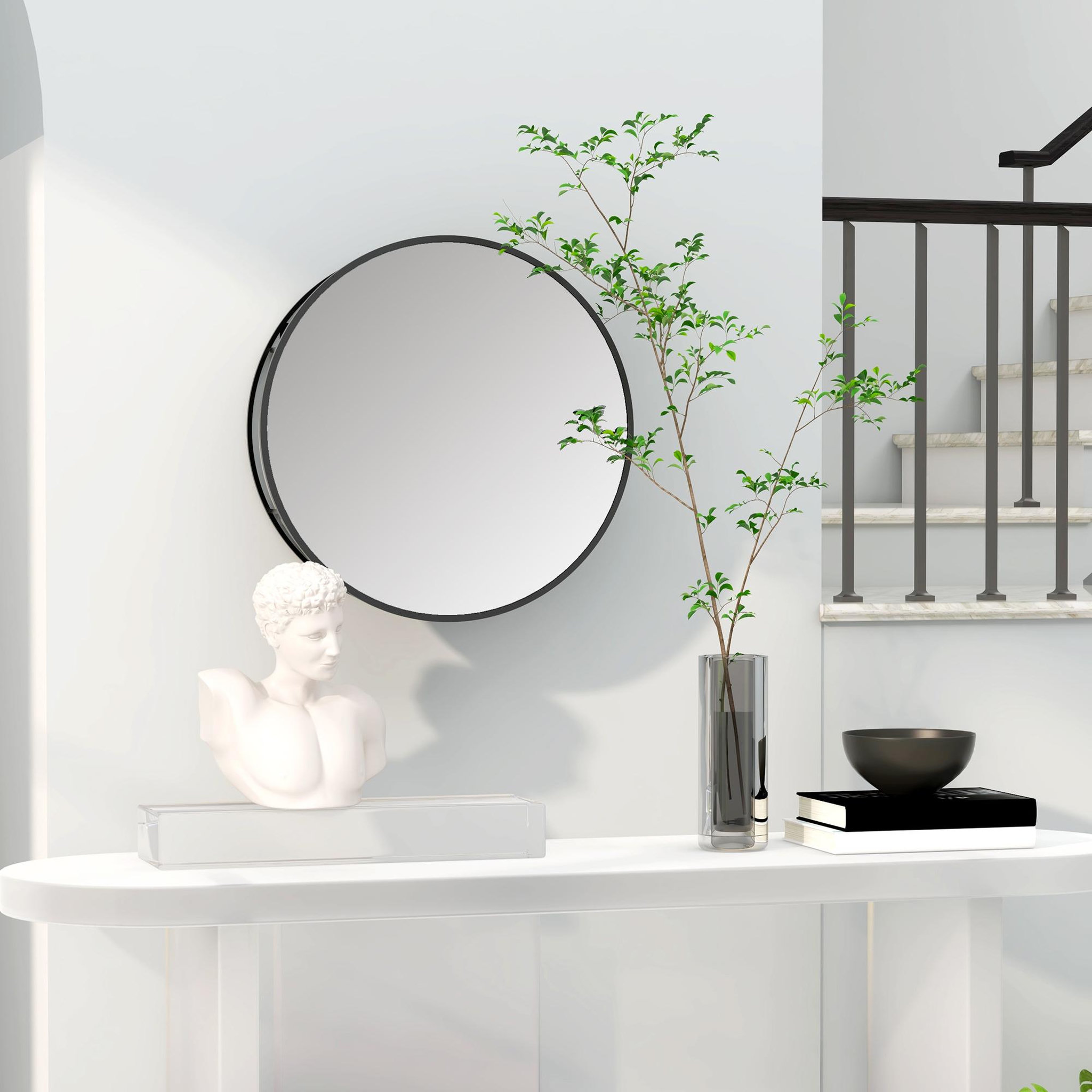 Voir la diapositive 2 : HOMCOM Miroir mural rond dia. 50 cm - 2 étagères - cadre métal noir