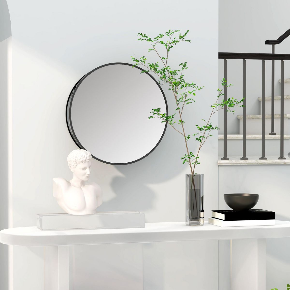 HOMCOM Miroir mural rond dia. 50 cm - 2 étagères - cadre métal noir