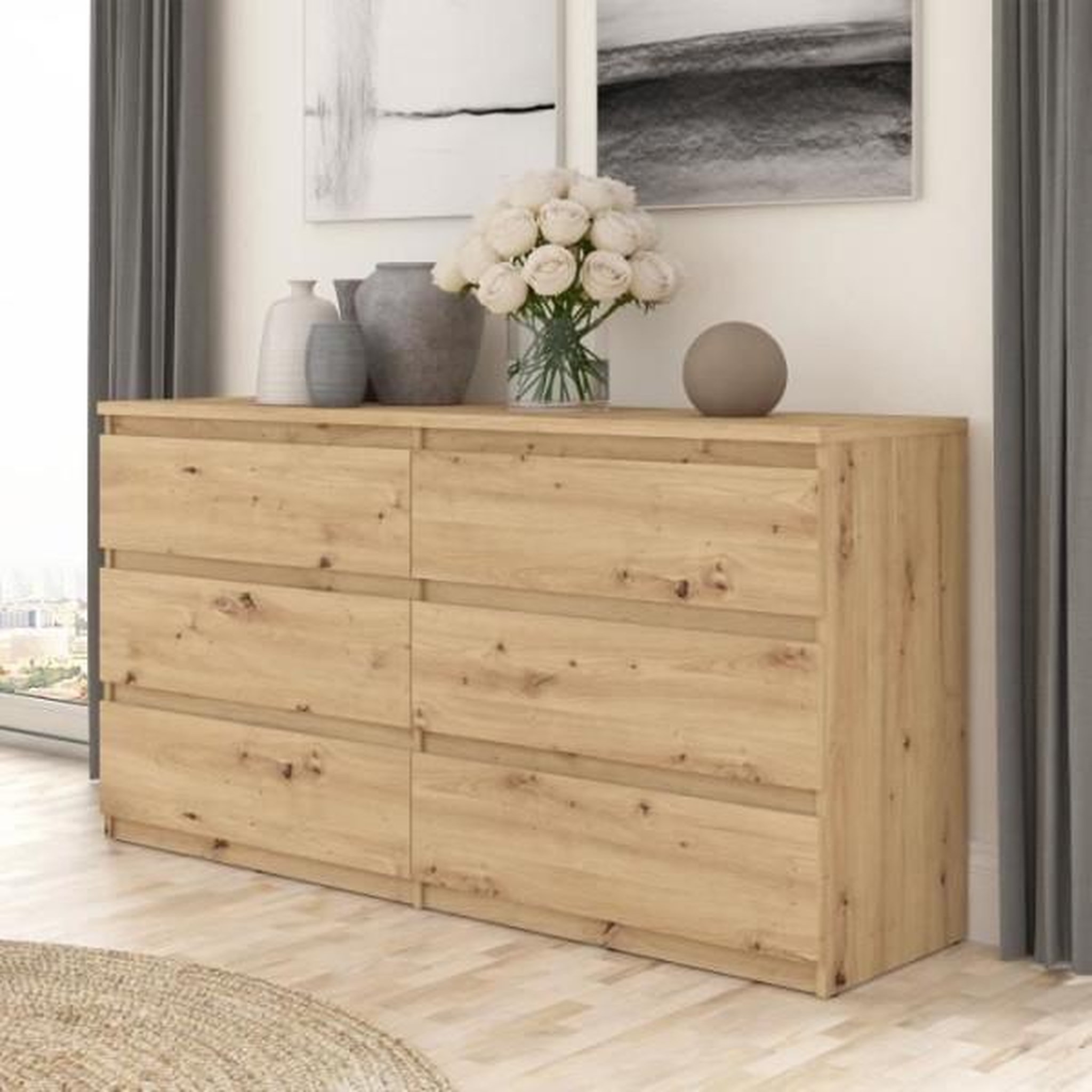 Voir la diapositive 2 : MARKET24 Commode CHELSEA 6 tiroirs - L 154 cm x P 42,2 x H 79,9 - Décor chene artisan