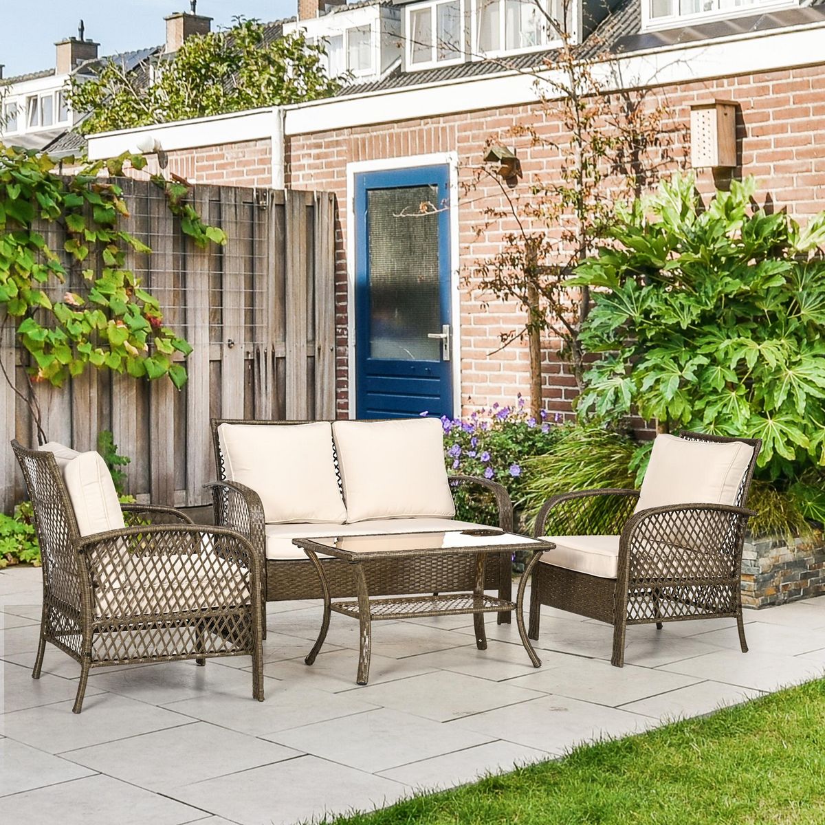 OUTSUNNY Salon de jardin 4 places 4 pièces style colonial table basse coussins beige inclus résine tressée marron