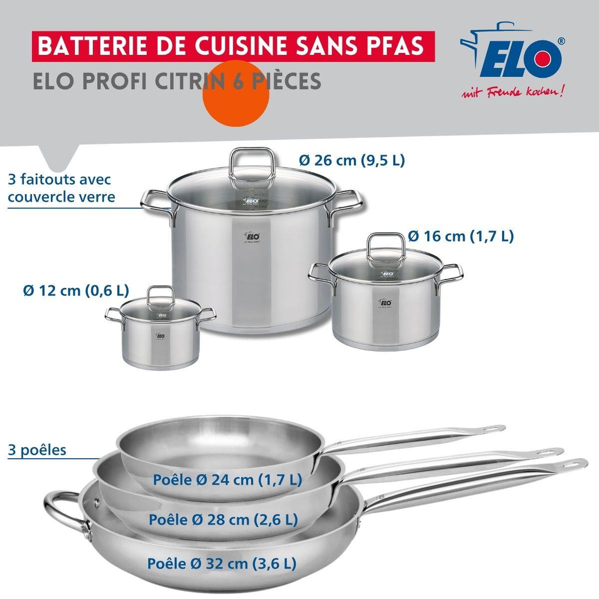 Voir la diapositive 2 : ELO Ensemble de 3 poêles de cuisson 24, 28 et 32 cm et 3 faitouts 12, 16 et 26 cm elo profi citrin