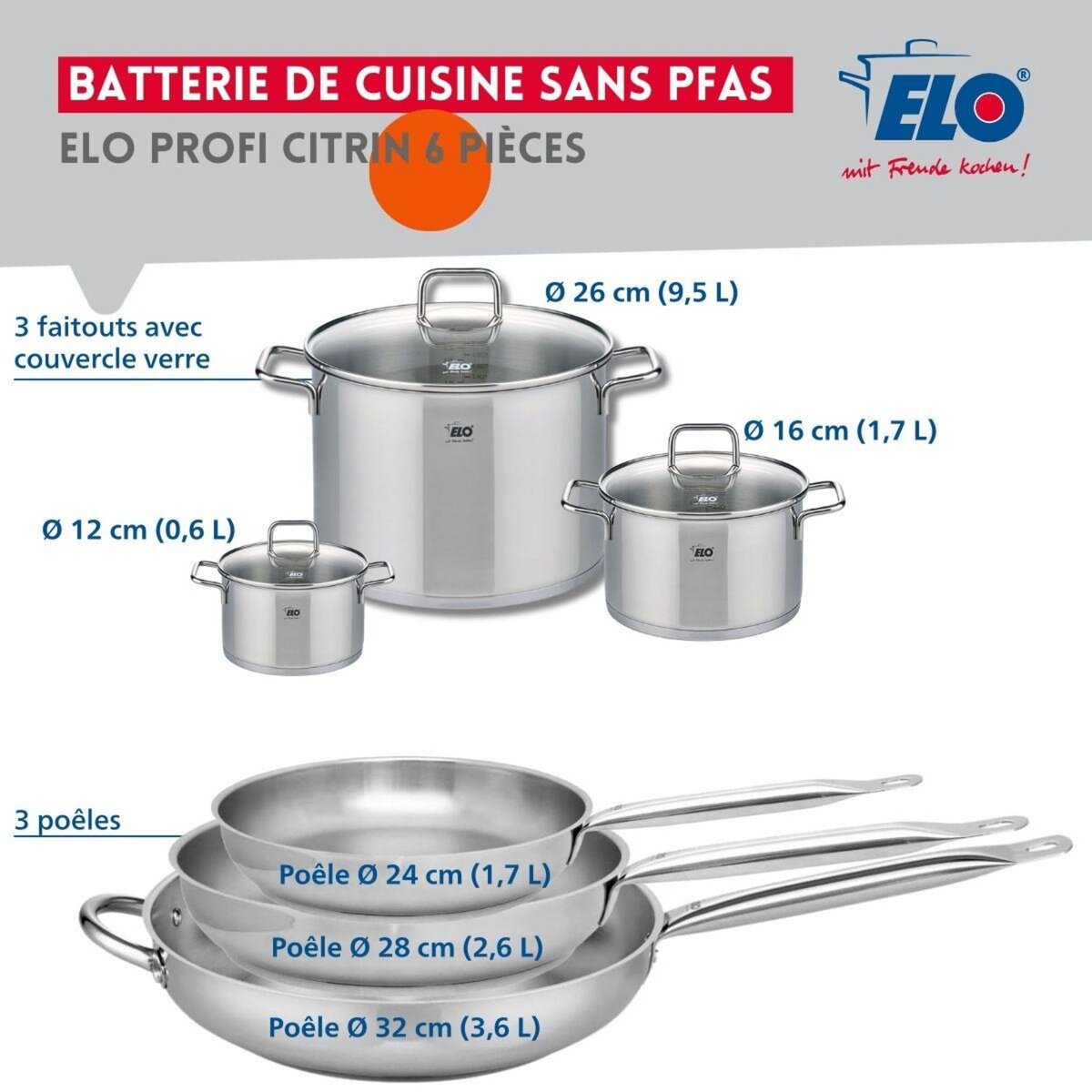 ELO Ensemble de 3 Poêles de cuisson 24, 28 et 32 cm et 3 faitouts 12, 16 et 26 cm Elo Profi Citrin