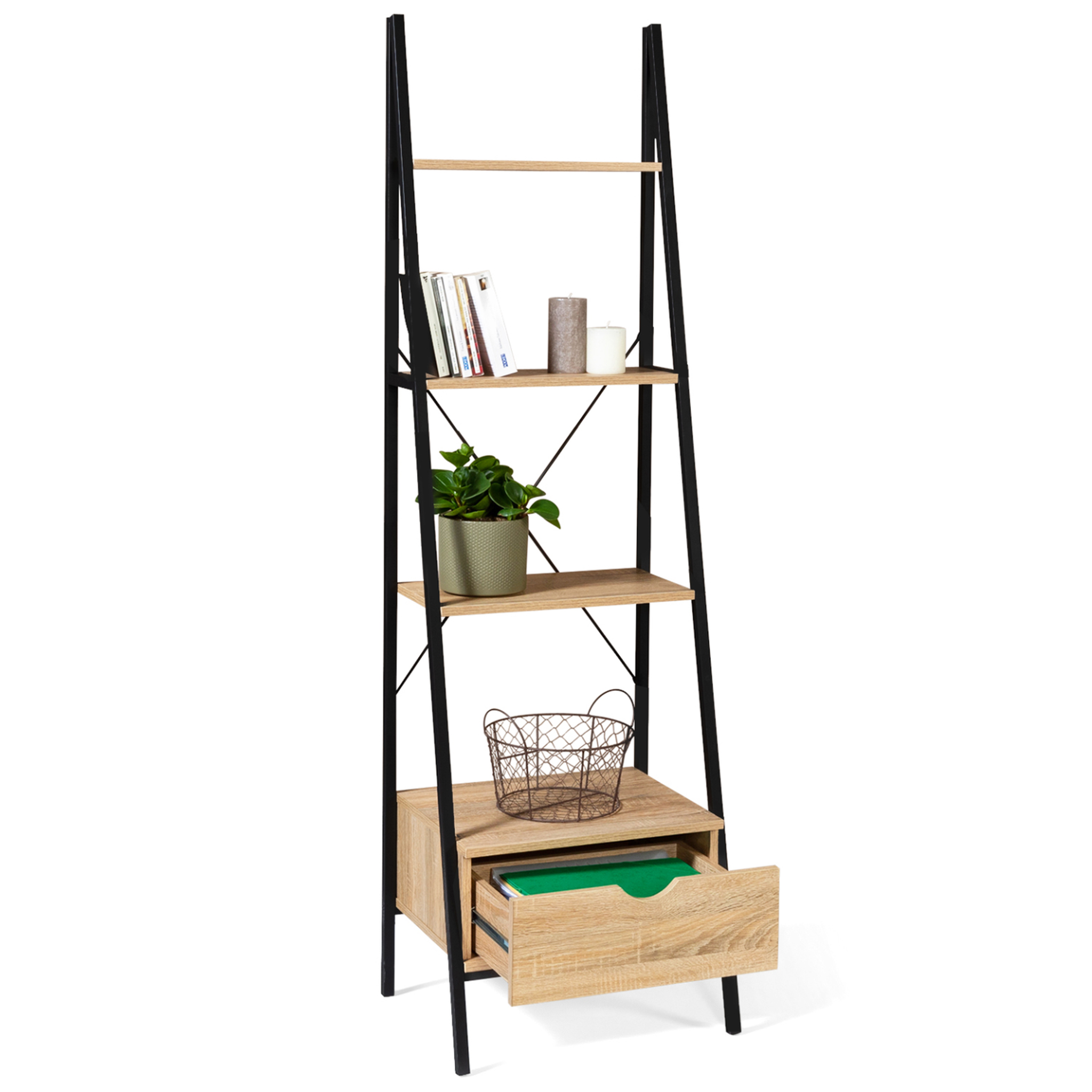 Voir la diapositive 4 : ID MARKET Etagère échelle 4 niveaux avec tiroir detroit design industriel