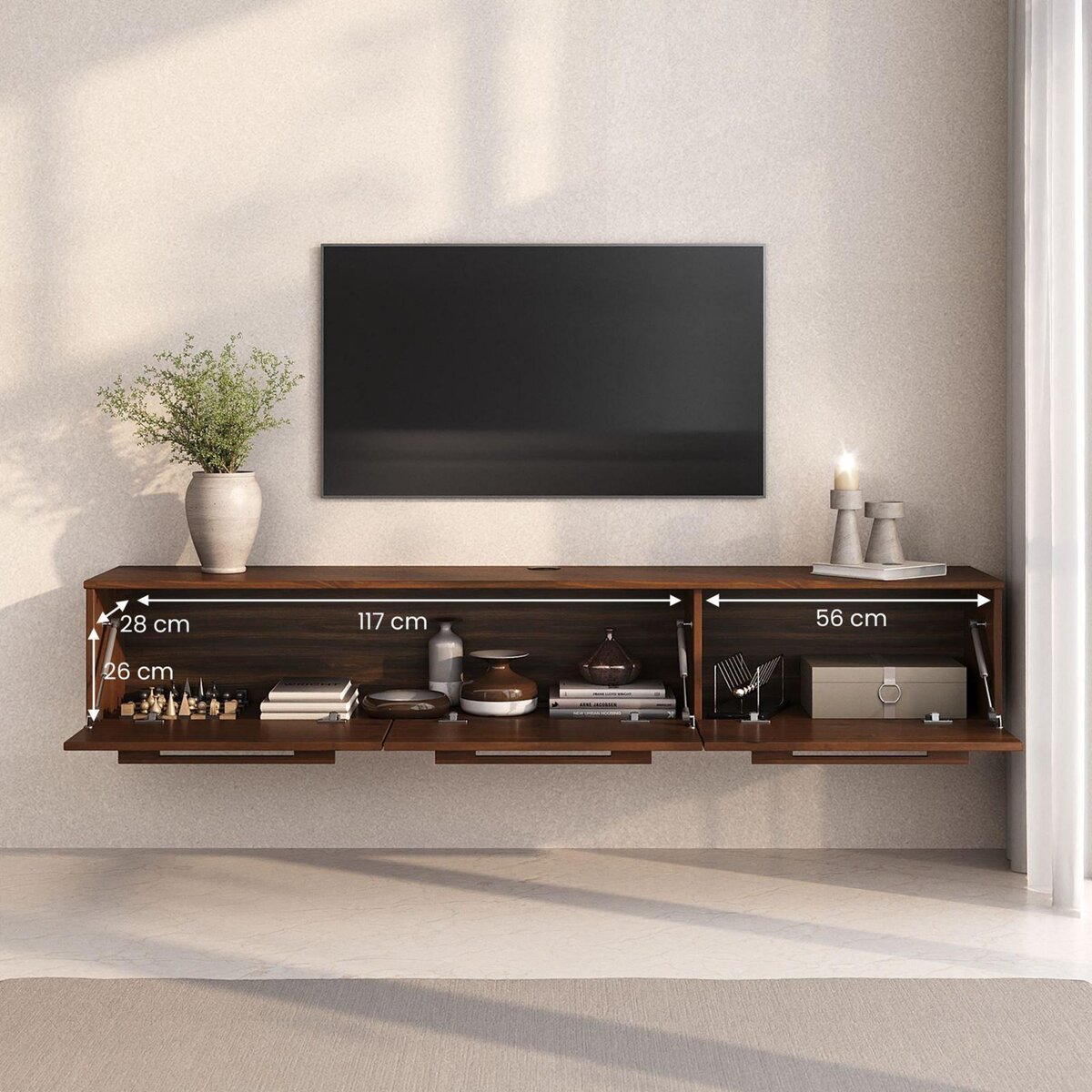 IDIMEX Meuble TV suspendu TECCA L 180 cm 3 portes en bois massif