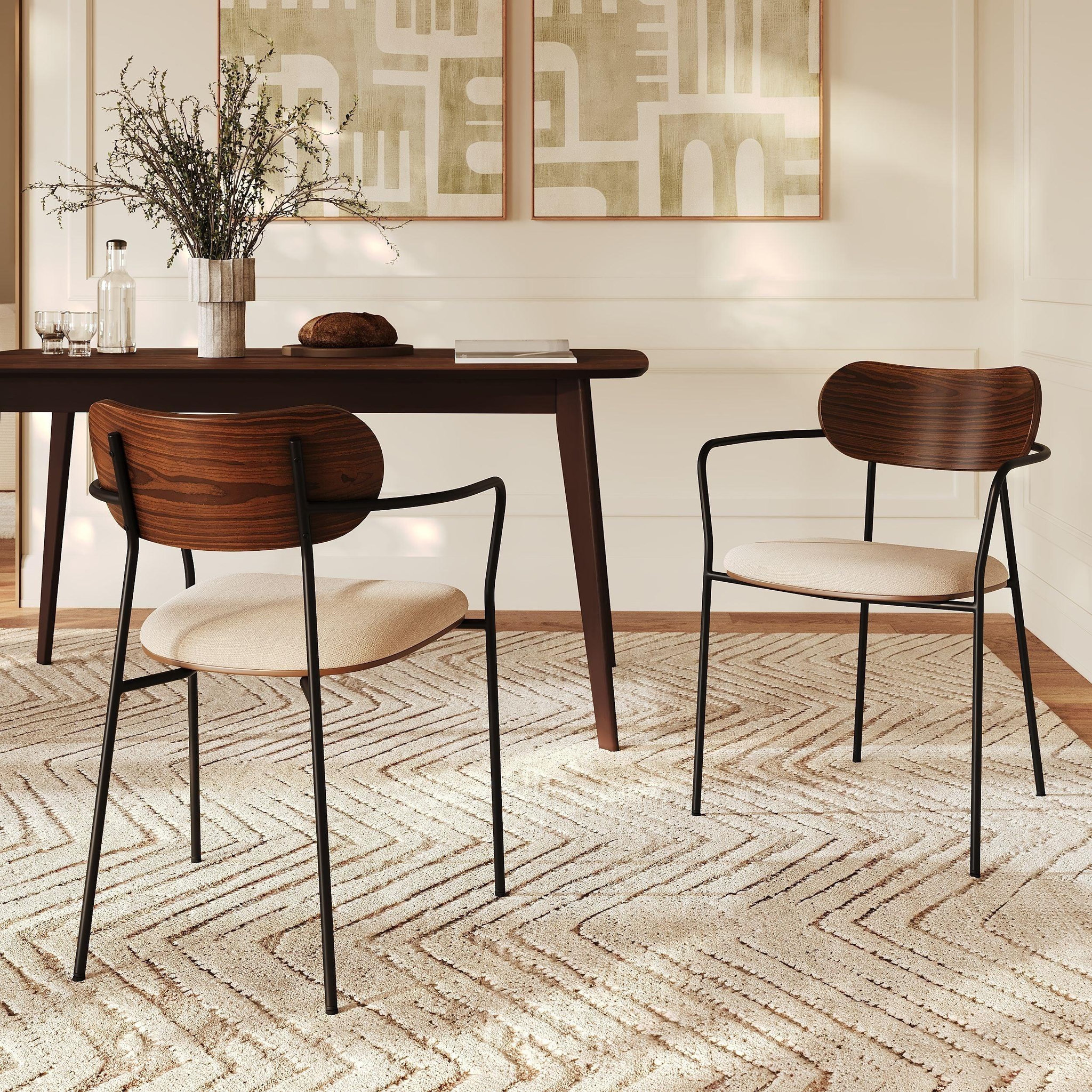 Voir la diapositive 2 : MAISON PAVANE Lot de 2 chaises en tissu beige et placage en bois foncé-marine