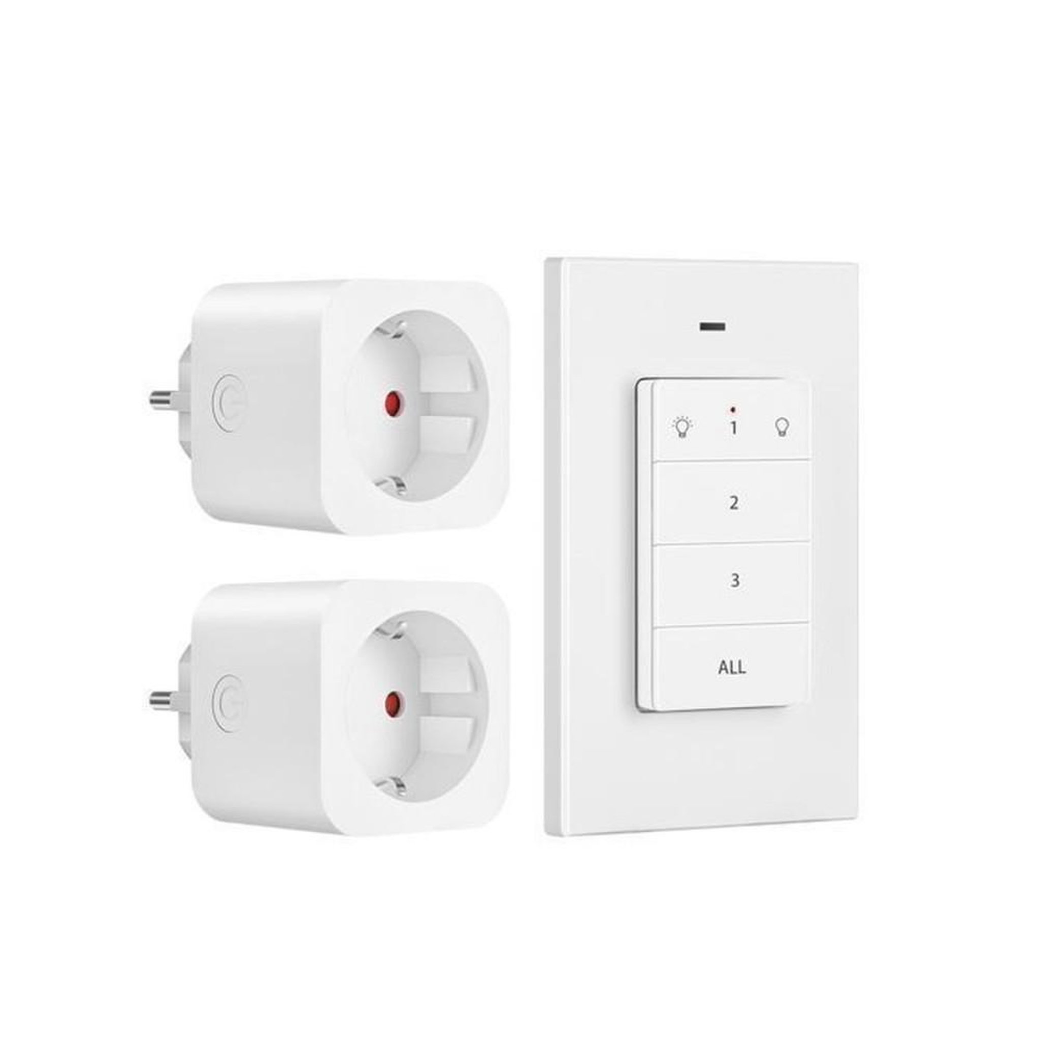 Pack prises connectées avec télécommande, 2 sorties + interrupteur mural amovible, 16 A 3680 W, blanc, fréquence 433,92 MHz, portée jusqu'à 30 m
