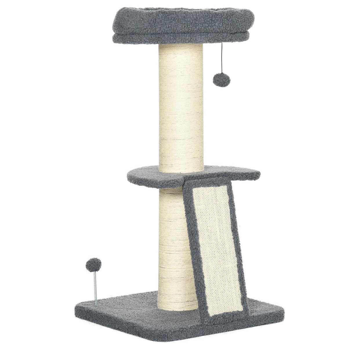 PAWHUT Arbre à chat 3 griffoirs grattoirs sisal naturel plateforme panier 2 boules suspendues peluche haute densité 220 g/m² gris