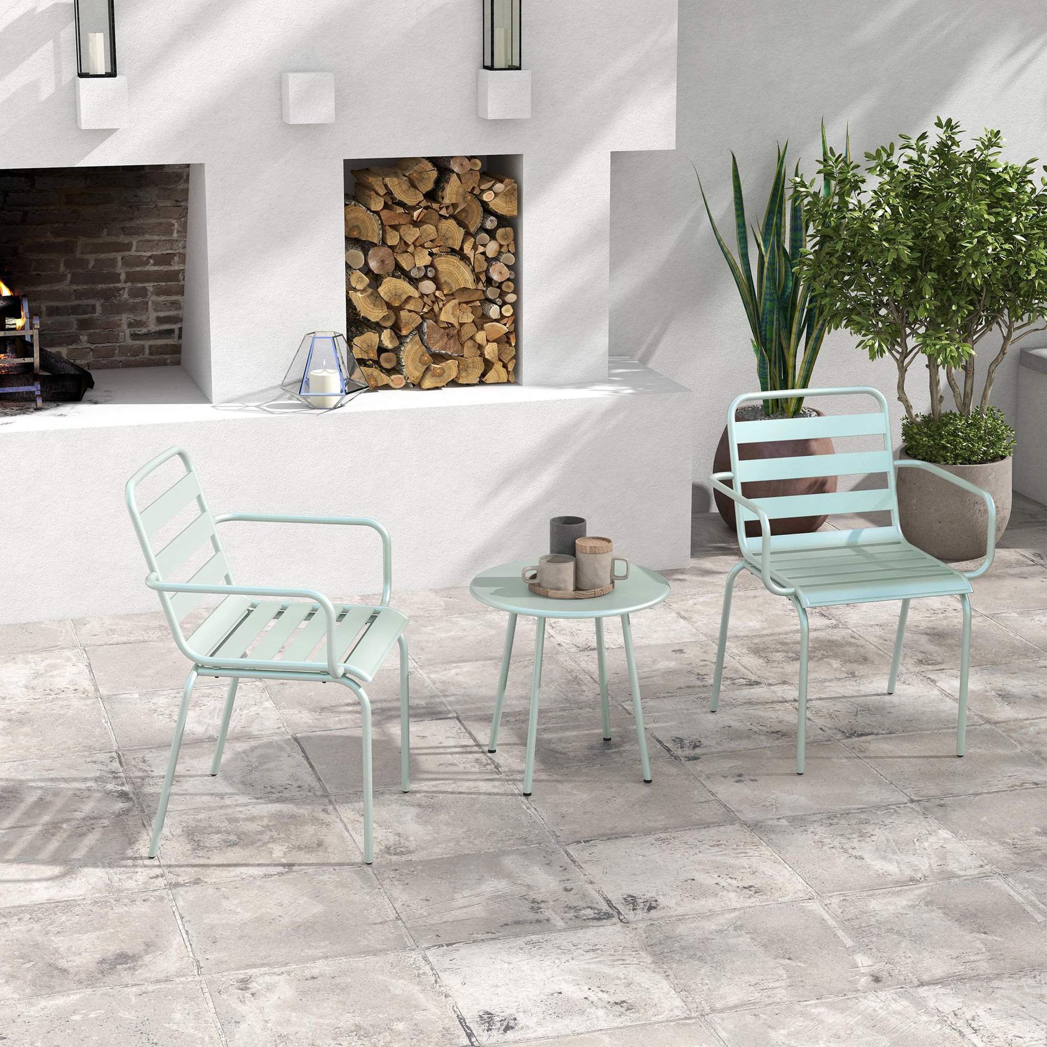 Voir la diapositive 2 : OUTSUNNY Salon de jardin bistro - table basse ronde Ø 60 cm 2 chaises empilables - acier thermolaqué vert de gris
