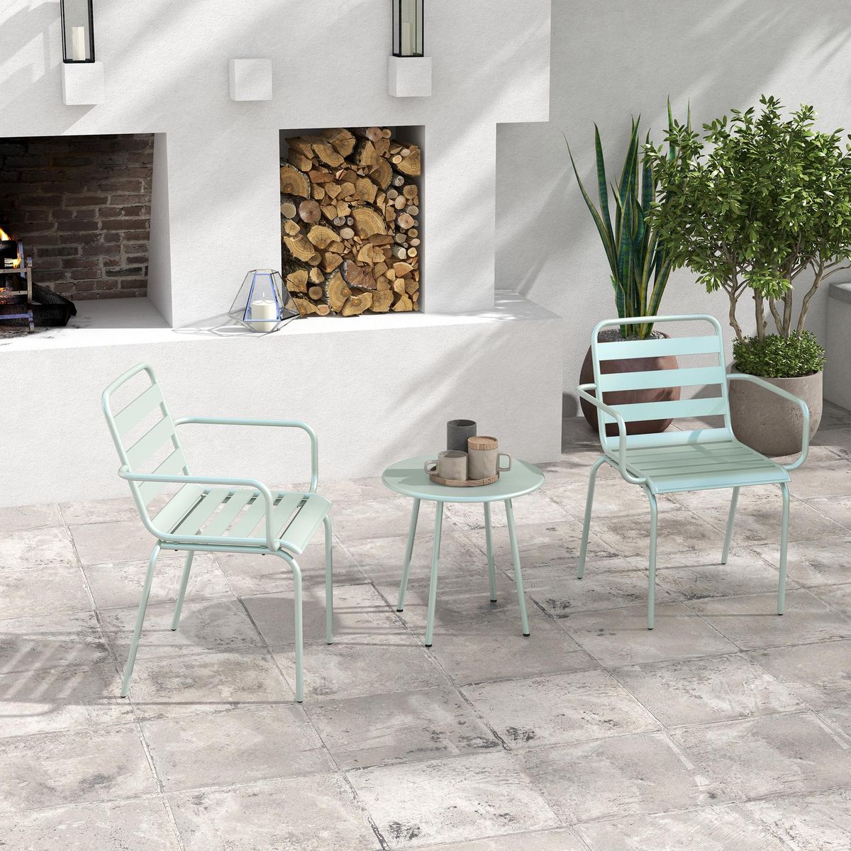 OUTSUNNY Salon de jardin bistro - table basse ronde Ø 60 cm 2 chaises empilables - acier thermolaqué vert de gris