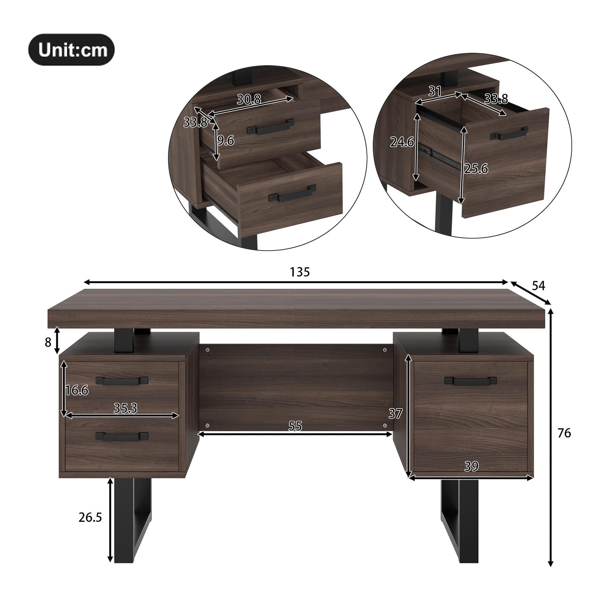 Voir la diapositive 3 : MERAX Bureau 135 cm coloris marron mdf et métal