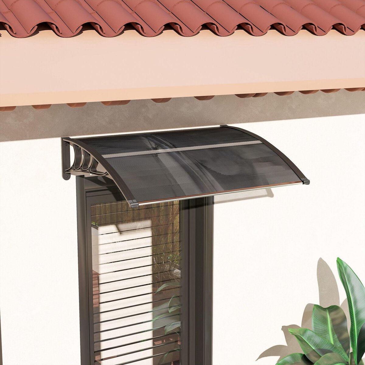 OUTSUNNY Auvent marquise de porte design voûté arrondi dim. 100L x 75l x 23H cm alu polycarbonate fumé plastique noir