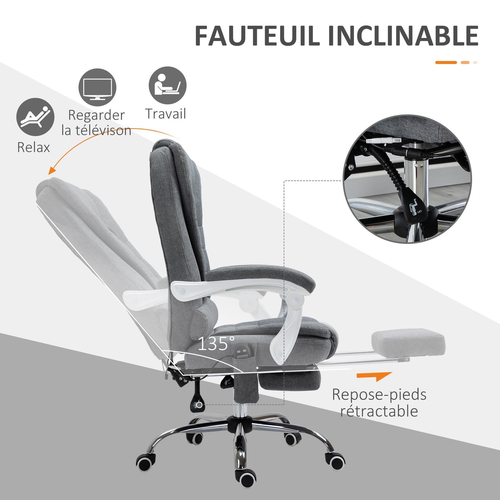 Voir la diapositive 5 : VINSETTO Fauteuil de bureau direction massant chauffant hauteur réglable dossier inclinable tissu gris