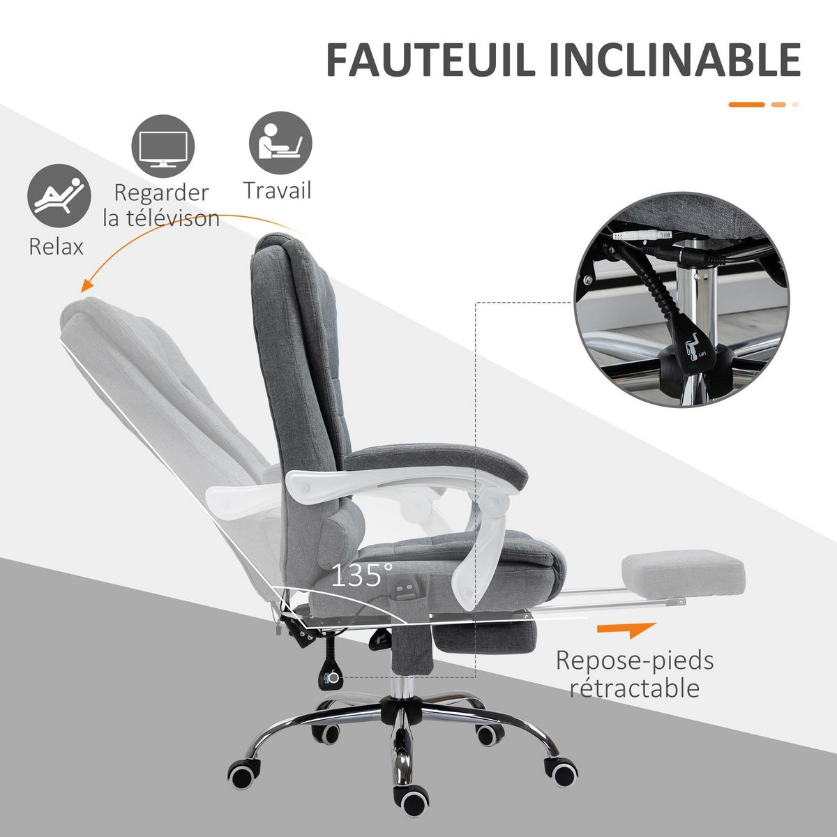 VINSETTO Fauteuil de bureau direction massant chauffant hauteur réglable dossier inclinable tissu gris