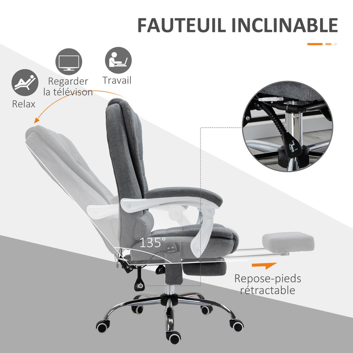 VINSETTO Fauteuil de bureau direction massant chauffant hauteur réglable dossier inclinable tissu gris
