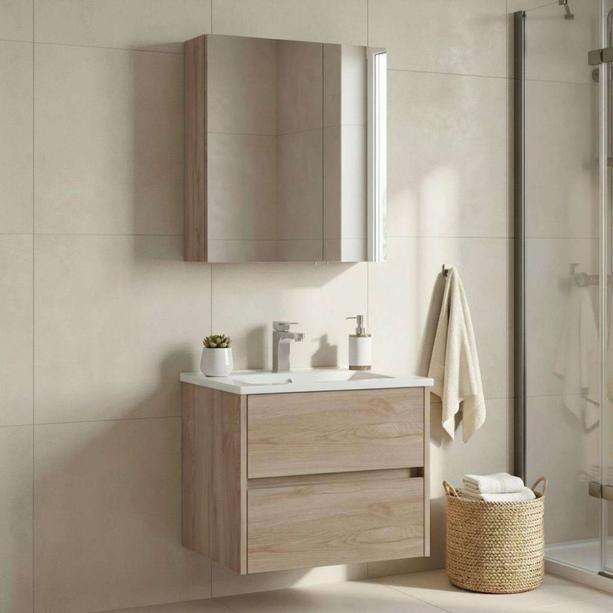 Voir la diapositive 2 : Habitat et Jardin Meuble avec simple vasque et miroir  Side 65 v2  - 65 x 45 x 52 cm - Oak