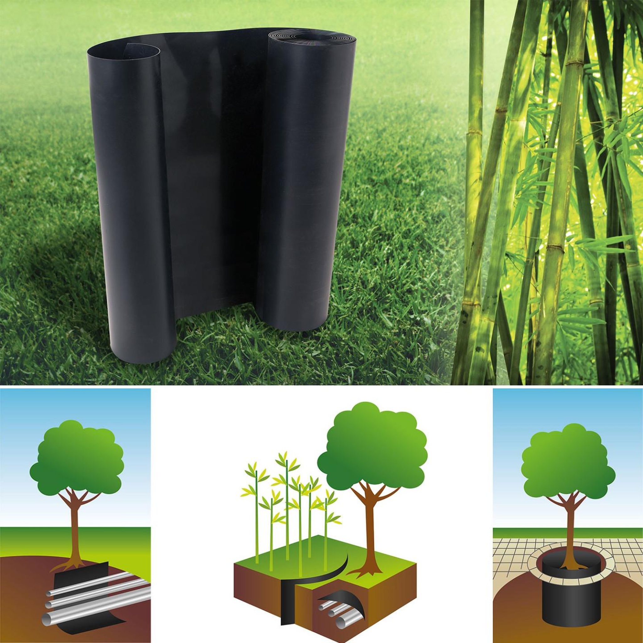 Voir la diapositive 2 : ID MARKET Barrière anti-racines bambou 5m 800gr anti-rhizomes h.60 cm