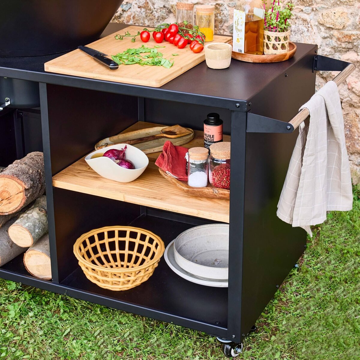 SWEEEK Braséro de cuisson Ø80cm avec grille de cuisson et espace de rangement, L 138 x P 82 x H 114 cm
