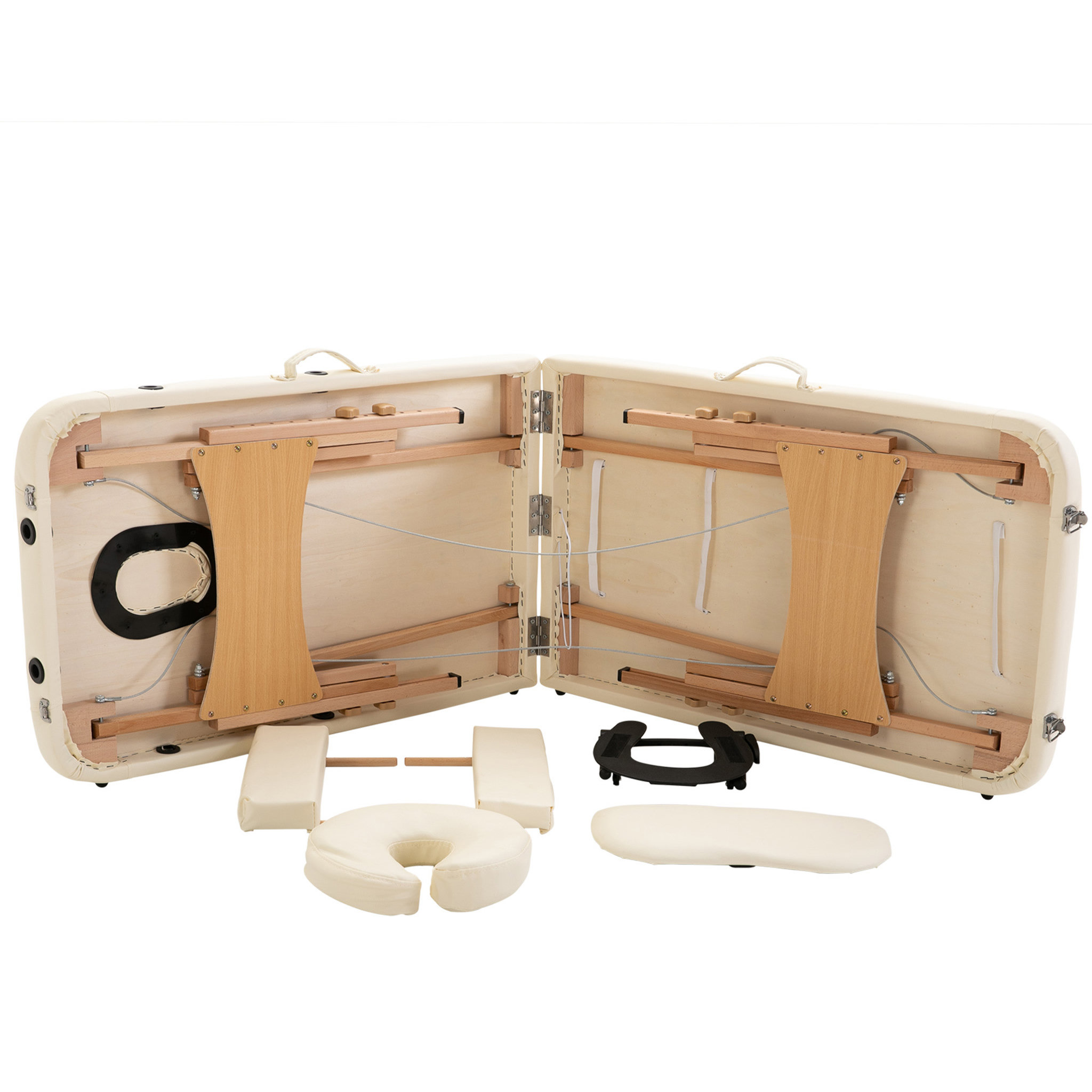 Voir la diapositive 5 : HOMCOM Table de massage pliante lit table de beauté 2 zones portable sac de tranport inclus hauteur réglable dim. 182L x 60l x 61-87H cm bois massif revêtement synthétique crème