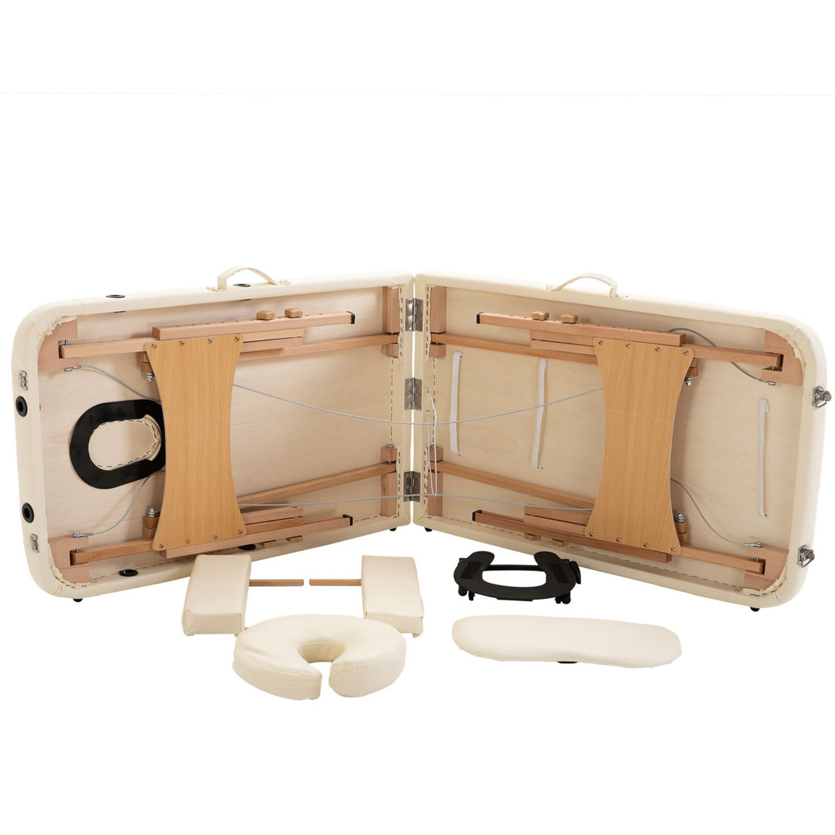 HOMCOM Table de massage pliante lit table de beauté 2 zones portable sac de tranport inclus hauteur réglable dim. 182L x 60l x 61-87H cm bois massif revêtement synthétique crème