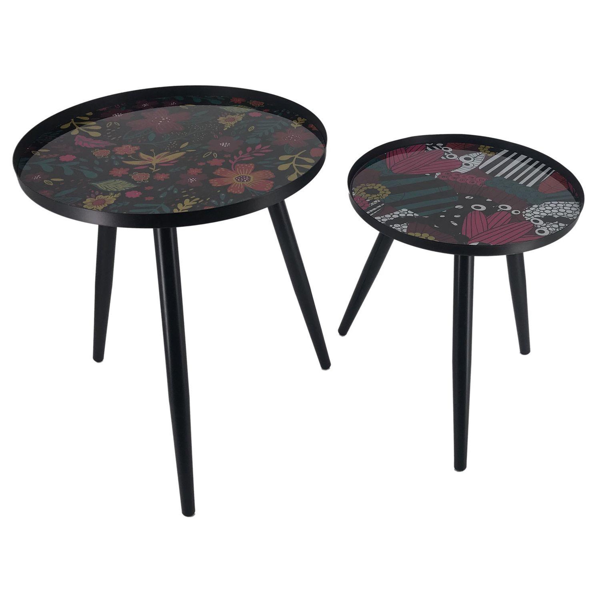TOILINUX Duo de tables gigogne olga - noir et fleuri