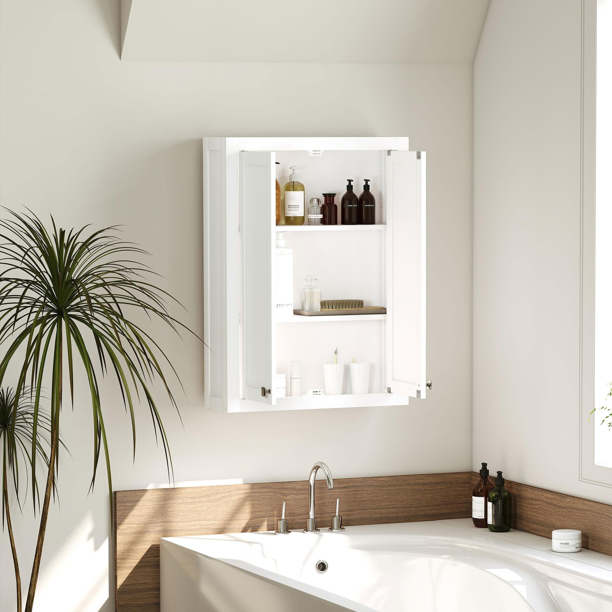 Voir la diapositive 2 : HOMCOM Armoire murale de salle de bain 3 niveaux 2 portes étagère bois blanc