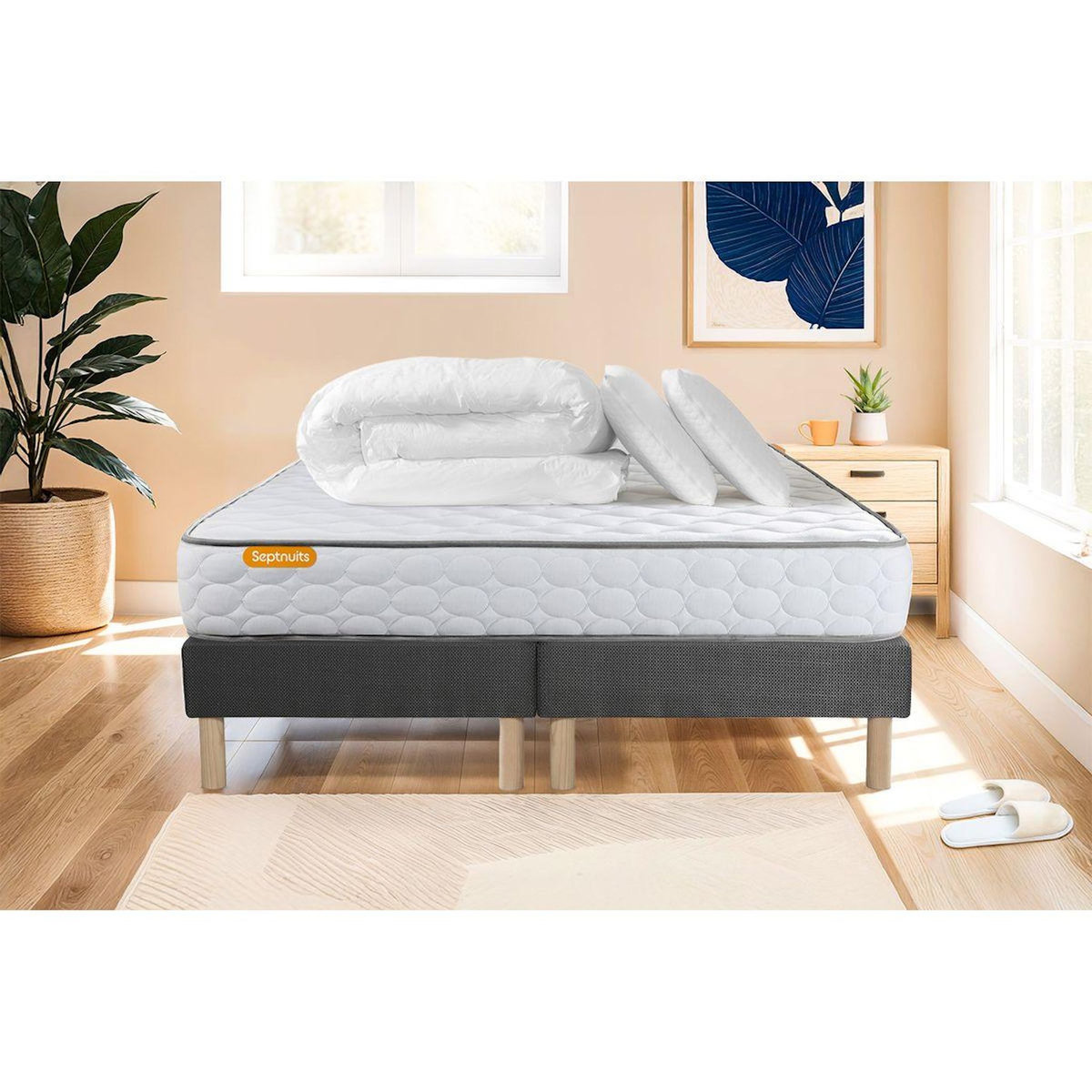SEPTNUITS Pack matelas Memo + double sommiers gris + 2 oreillers mémoire de forme