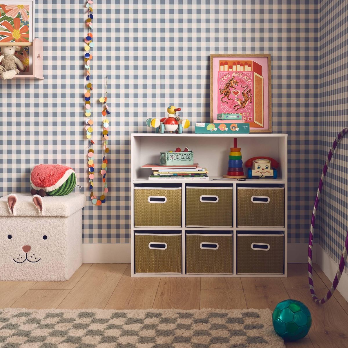 SWEEEK Meuble de rangement pour enfant avec 7 compartiments et 6 paniers en fibre végétale