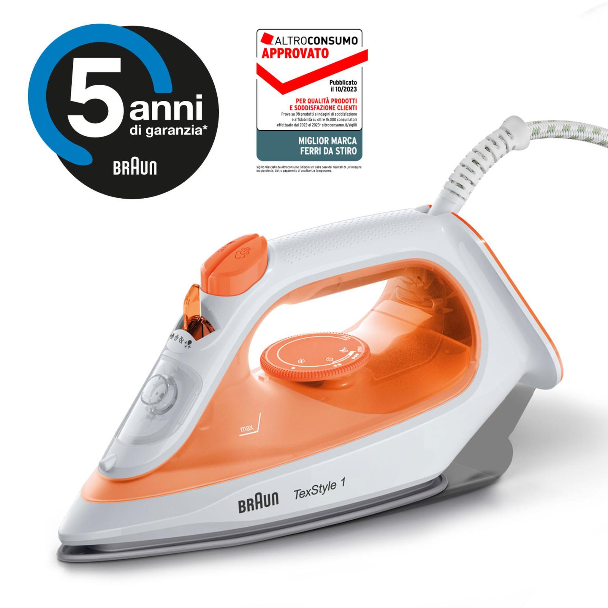 Voir la diapositive 3 : BRAUN Braun TexStyle 1 SI 1009 Fer à vapeur Semelle anti-adhérente 1900 W Orange, Blanc