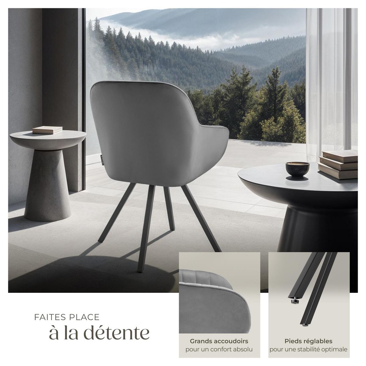 tectake Chaise pivotante avec accoudoirs rembourrée aspect velours gris Lot de 4