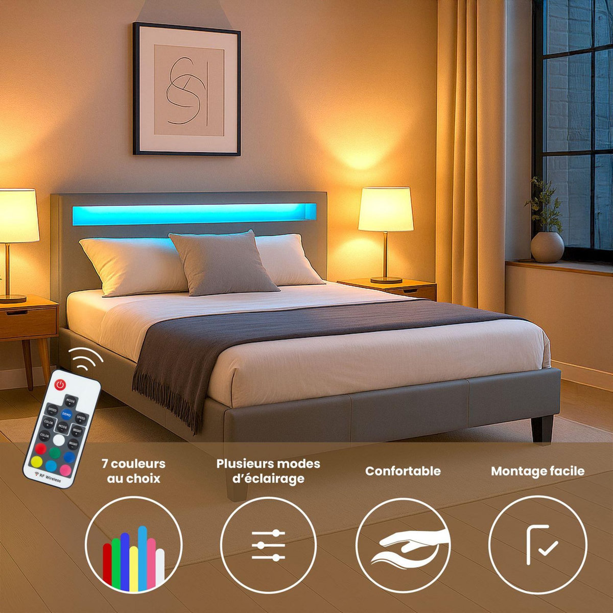 IDIMEX Lit LED double PINOT 140x190 cm, avec sommier, revêtement synthétique