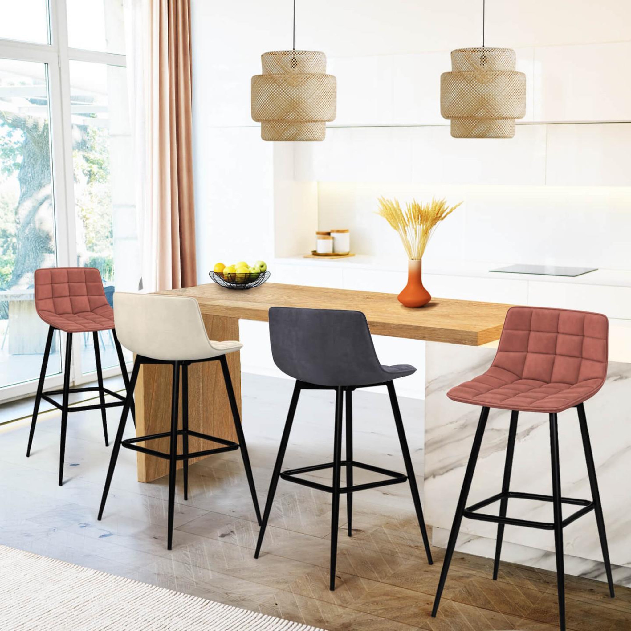Voir la diapositive 2 : ID MARKET Lot de 4 tabourets de bar mady en velours mix color gris foncé, terracotta x2, beige