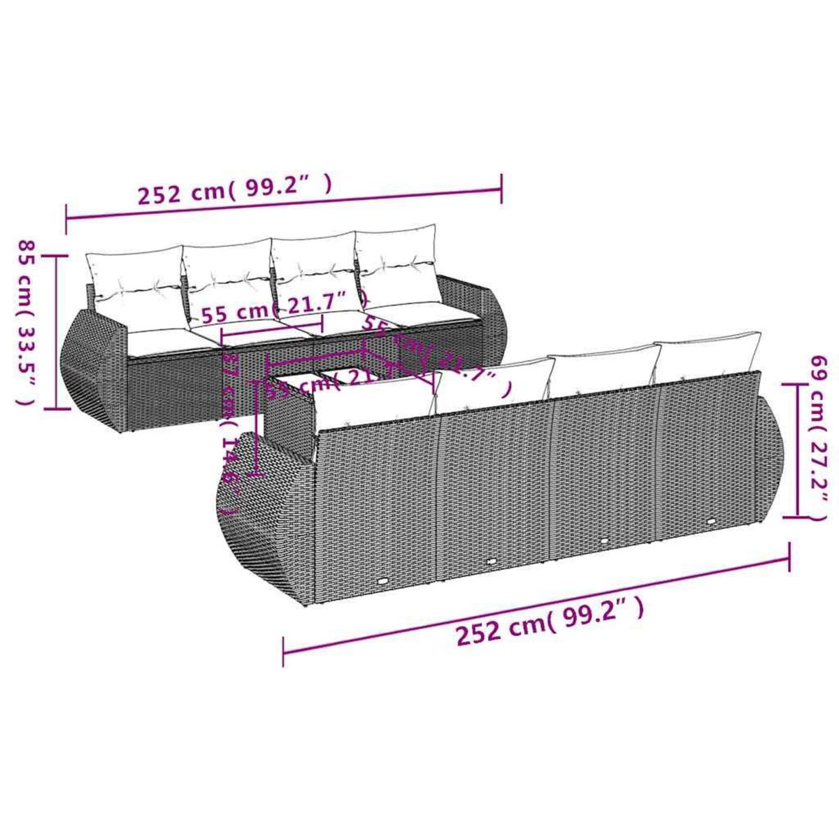VIDAXL Salon de jardin 9 pcs avec coussins gris clair resine tressee