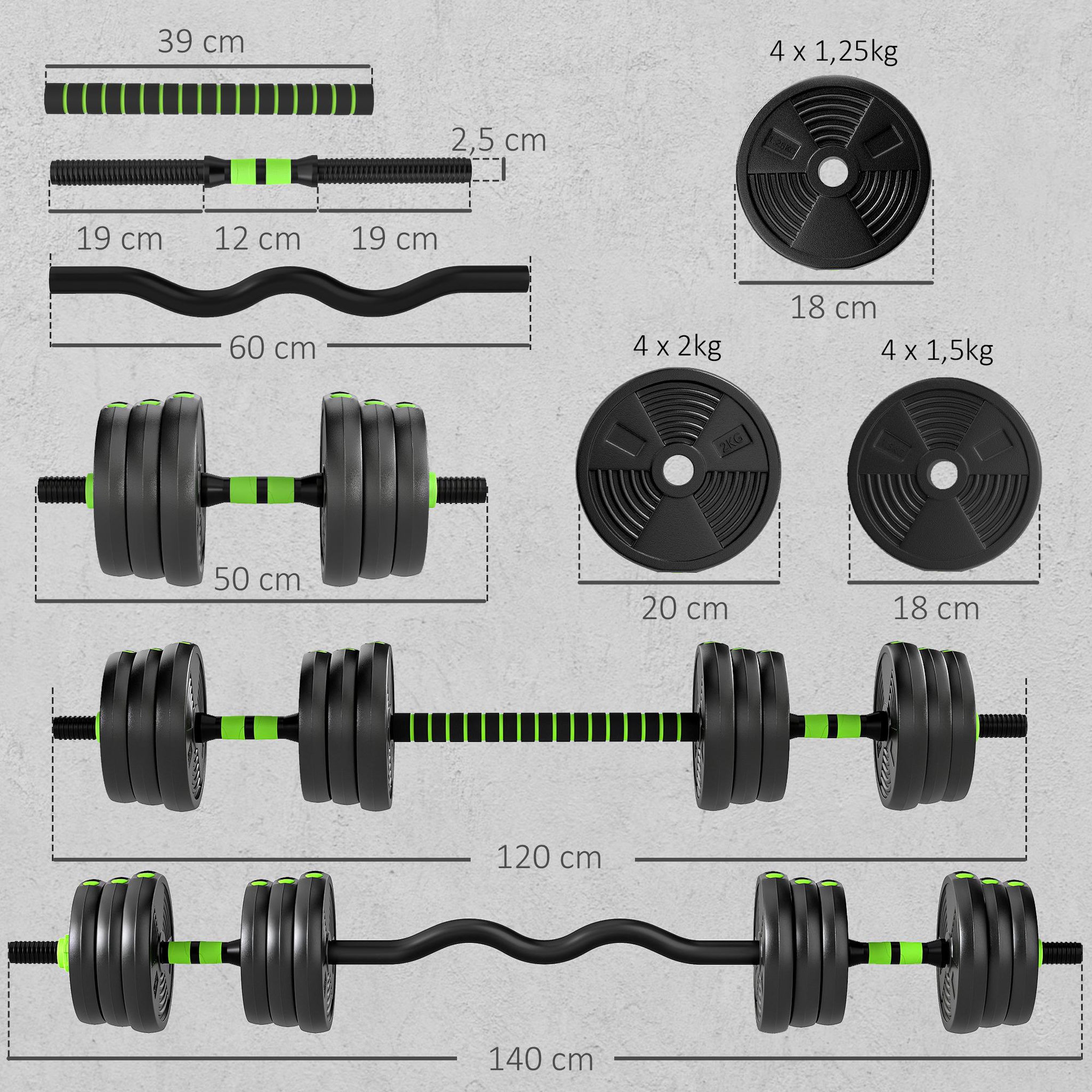 Voir la diapositive 3 : HOMCOM Ensemble d'haltères musculation multifonction 3 en 1 - haltères, olympic barre, curl ez barre - total 20kg - pvc vert noir