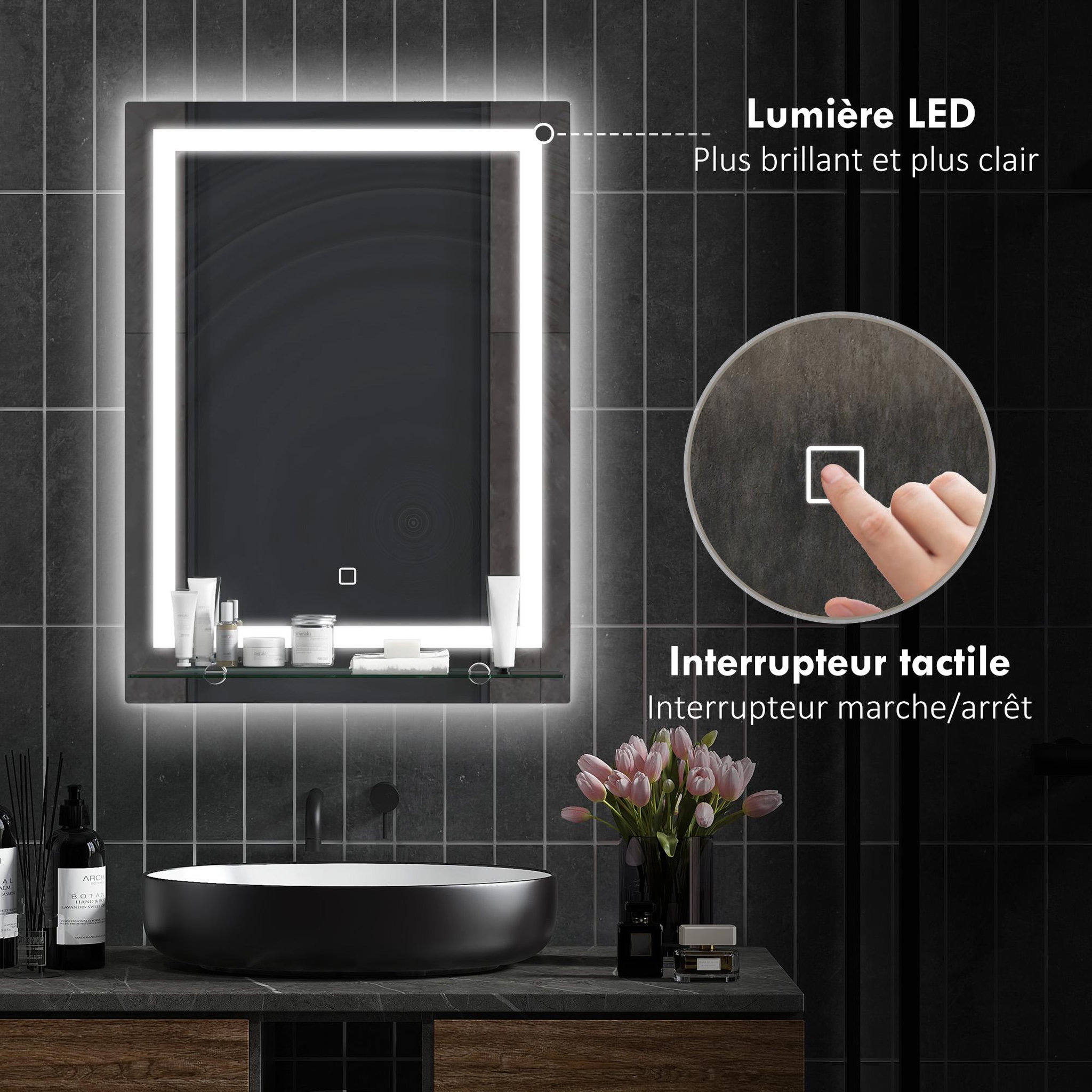 Voir la diapositive 4 : KLEANKIN Miroir lumineux led 20 w interrupteur tactile étagère intégrée 50l x 12l x 70h cm