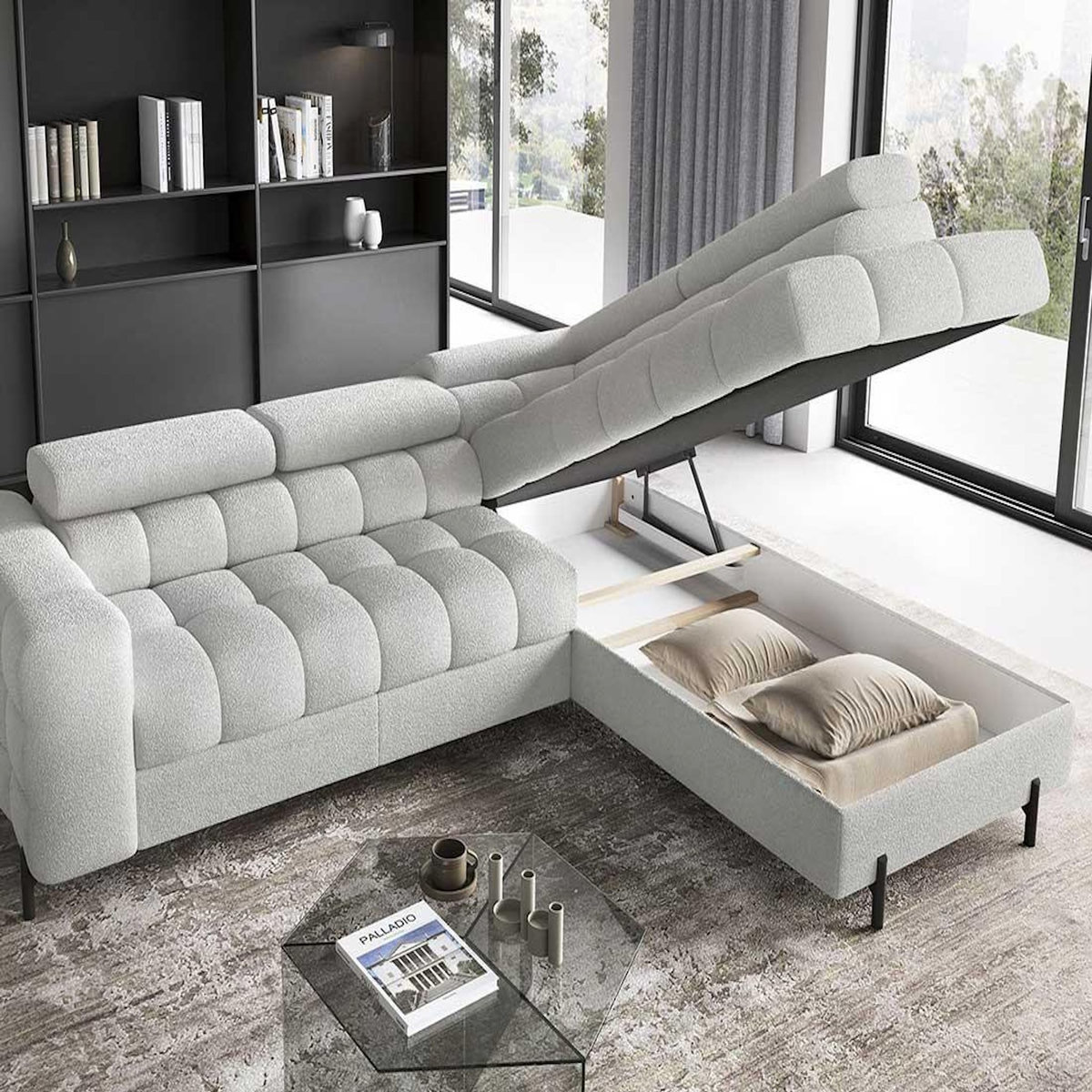 BEST MOBILIER Elisa - canapé d'angle droit 5 places convertible avec coffre et têtières réglables en tissu bouclette