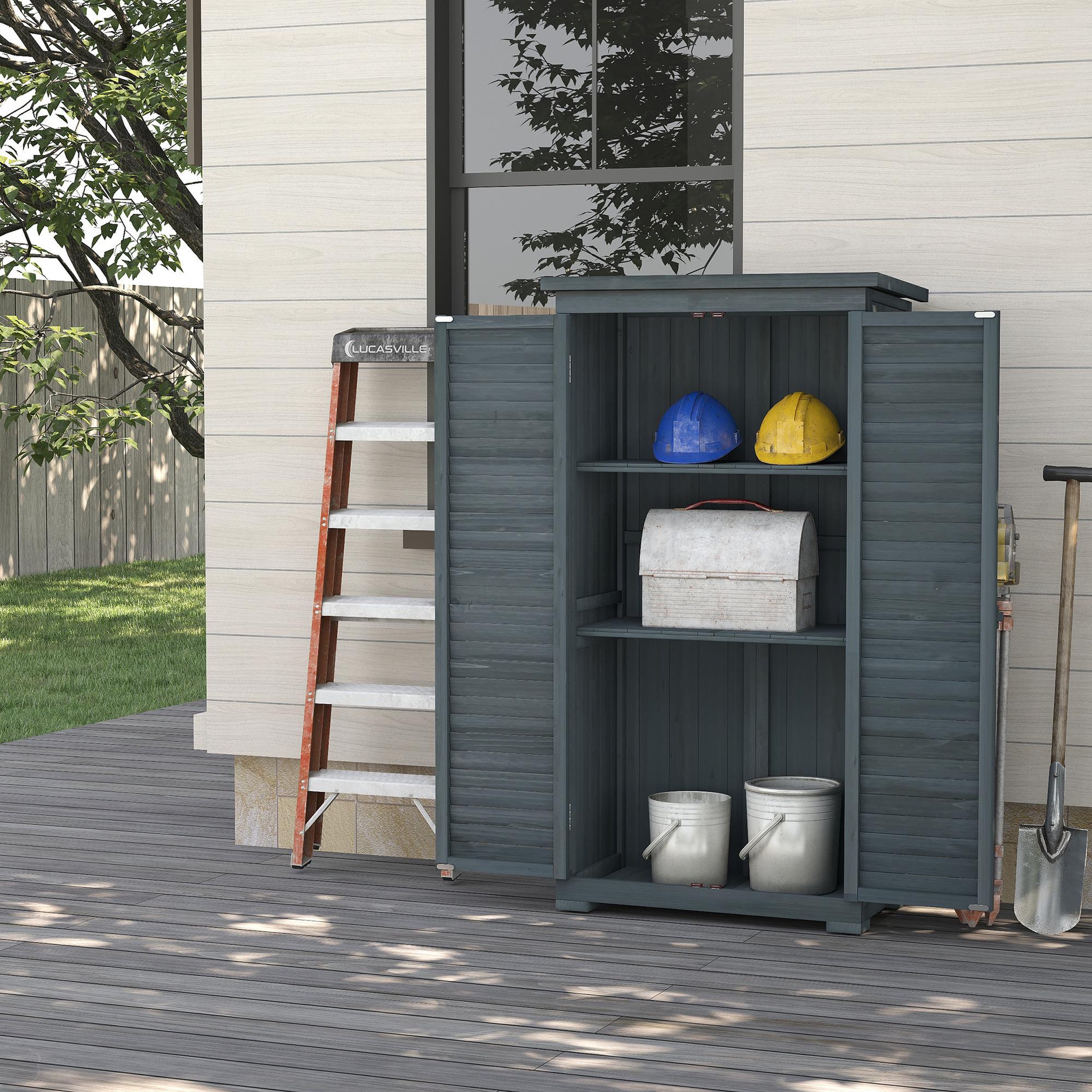 Voir la diapositive 2 : OUTSUNNY Armoire de jardin abri jardin remise pour outils sur pied 2 étagères portes persiennes toit bitumé étanche bois sapin pré-huilé gris