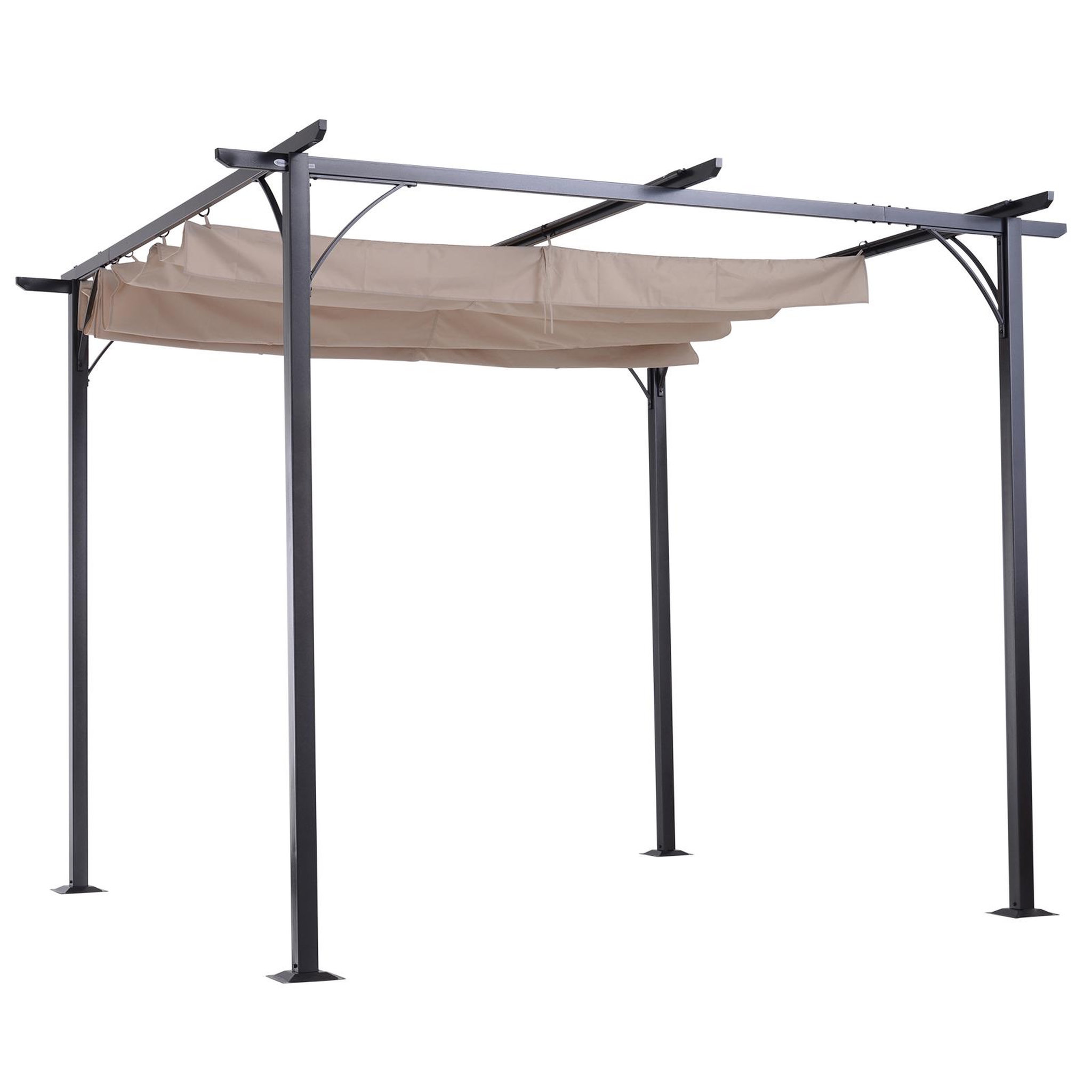 Voir la diapositive 5 : OUTSUNNY Pergola rétractable 3L x 3l x 2,30H m structure métal époxy anticorrosion noire + toile polyester haute densité 180 g/m² incluse beige