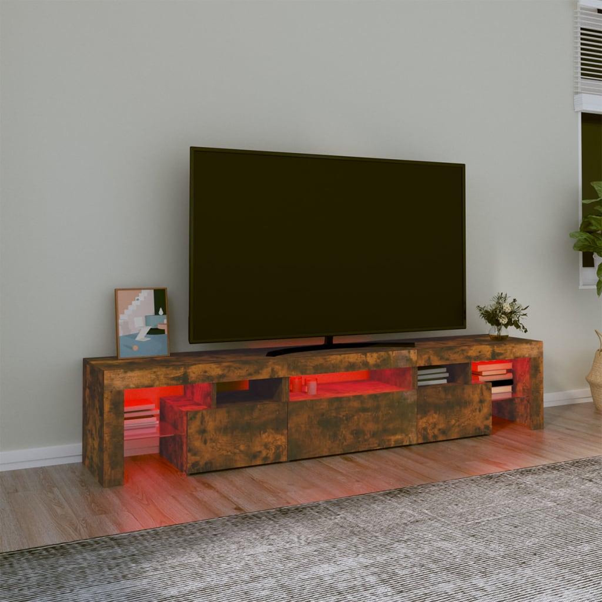 Voir la diapositive 5 : VIDAXL Meuble TV avec lumieres LED Chene fume 200x36,5x40 cm