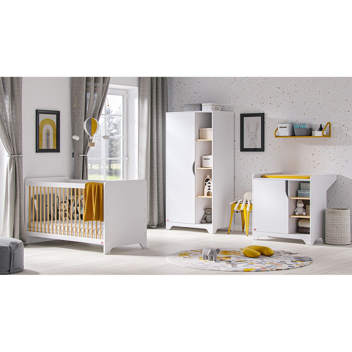 VOX Chambre complète lit bébé 60x120 - commode à langer - armoire 1 porte Leaf - Blanc et bois