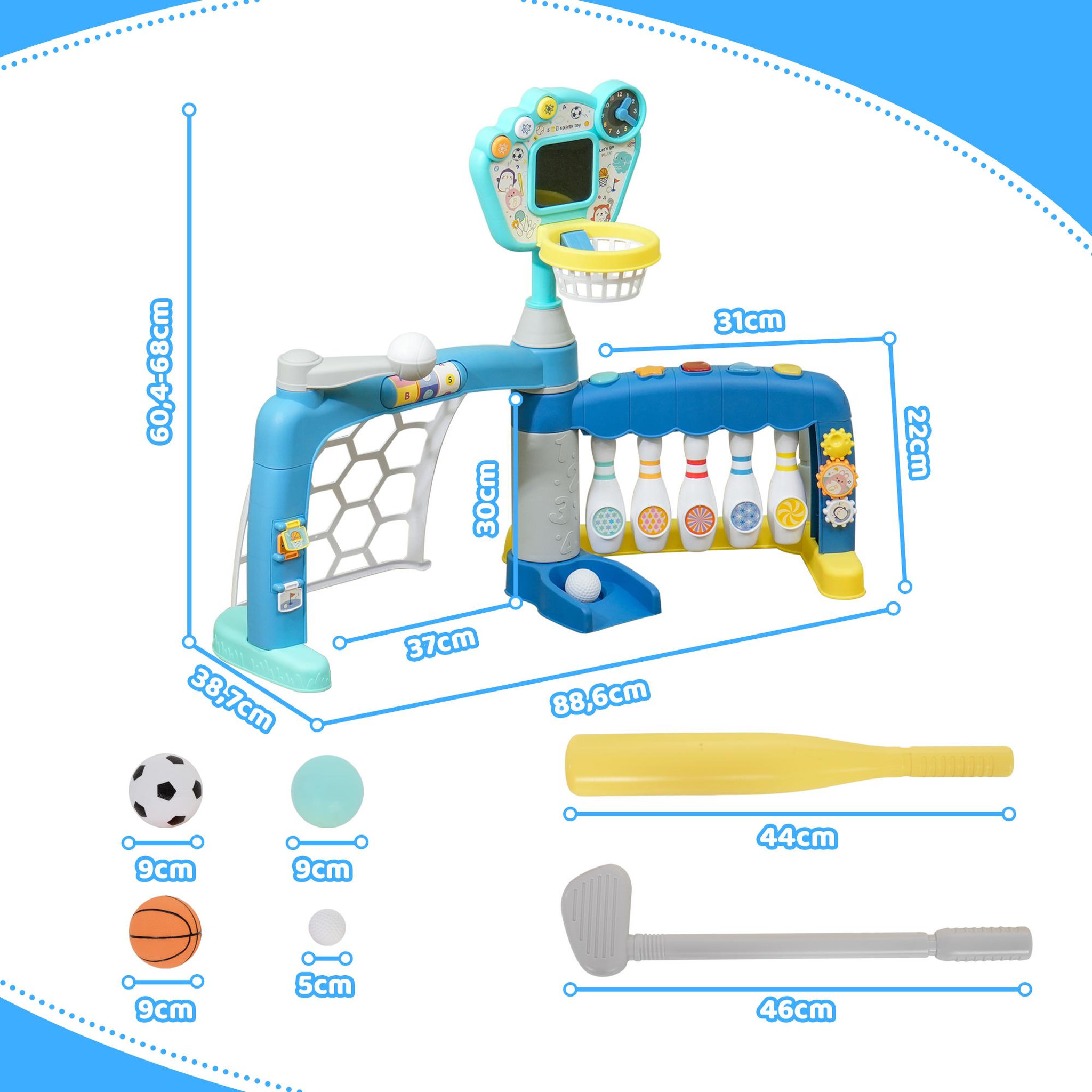 Voir la diapositive 3 : HOMCOM Jeux sportifs 5 en 1 enfant 18-48 mois - foot, basket, golf, baseball, bowling - effets lumineux sonores bleu