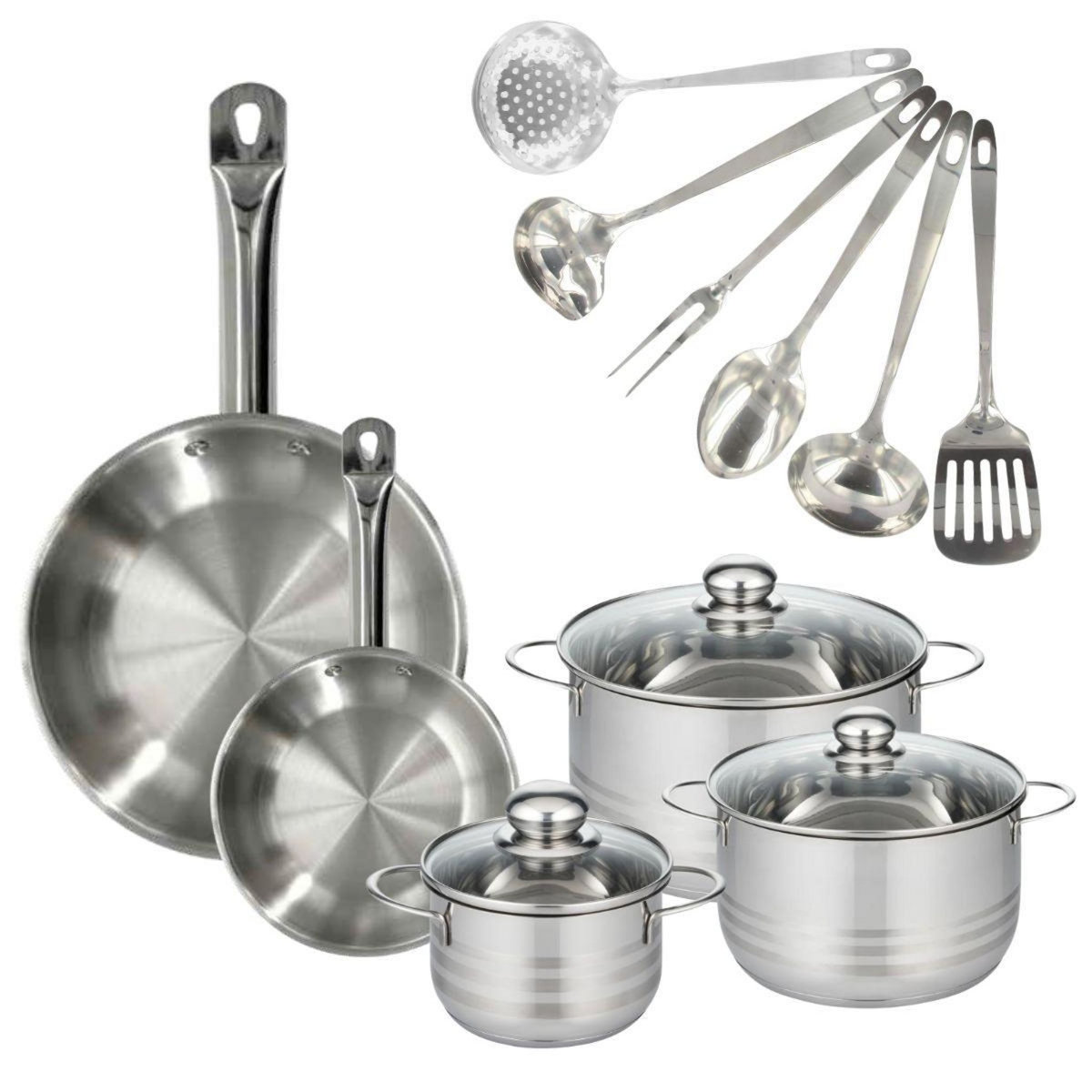 Fackelmann Set 2 poêles 20 et 28 cm en inox, 3 faitouts inox 16, 20 et 24 cm et 6 ustensiles inox Fackelmann Eterna