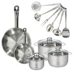 Fackelmann Set 2 poêles 20 et 28 cm en inox, 3 faitouts inox 16, 20 et 24 cm et 6 ustensiles inox Fackelmann Eterna