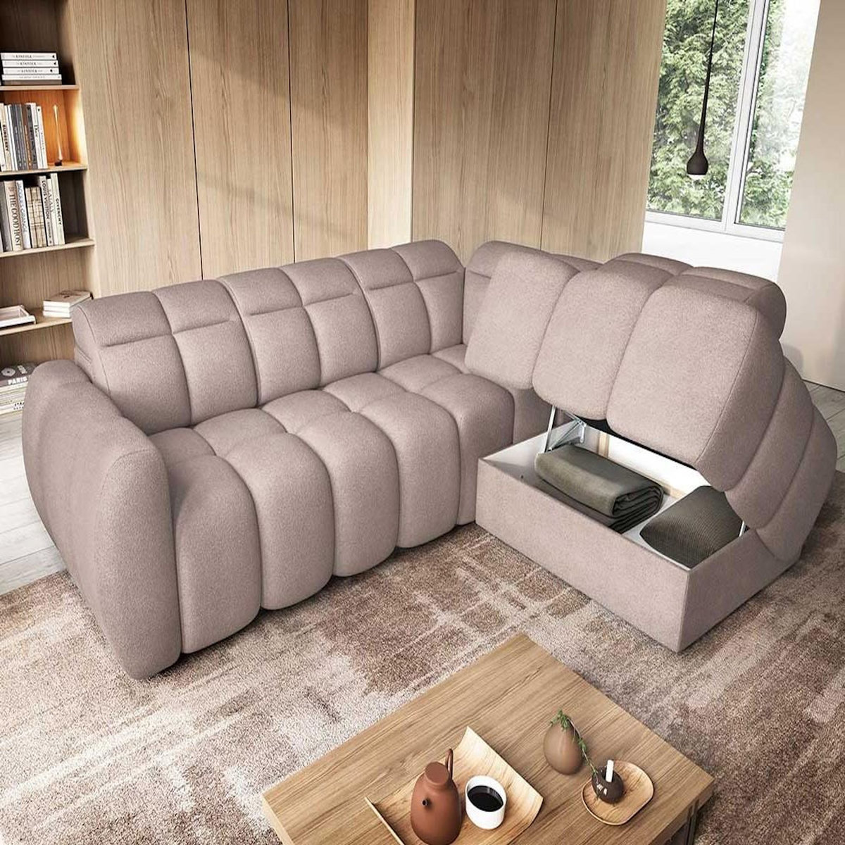 BEST MOBILIER Basile - canapé d'angle droit 4 places assise extensible électrique avec coffre en tissu texturé