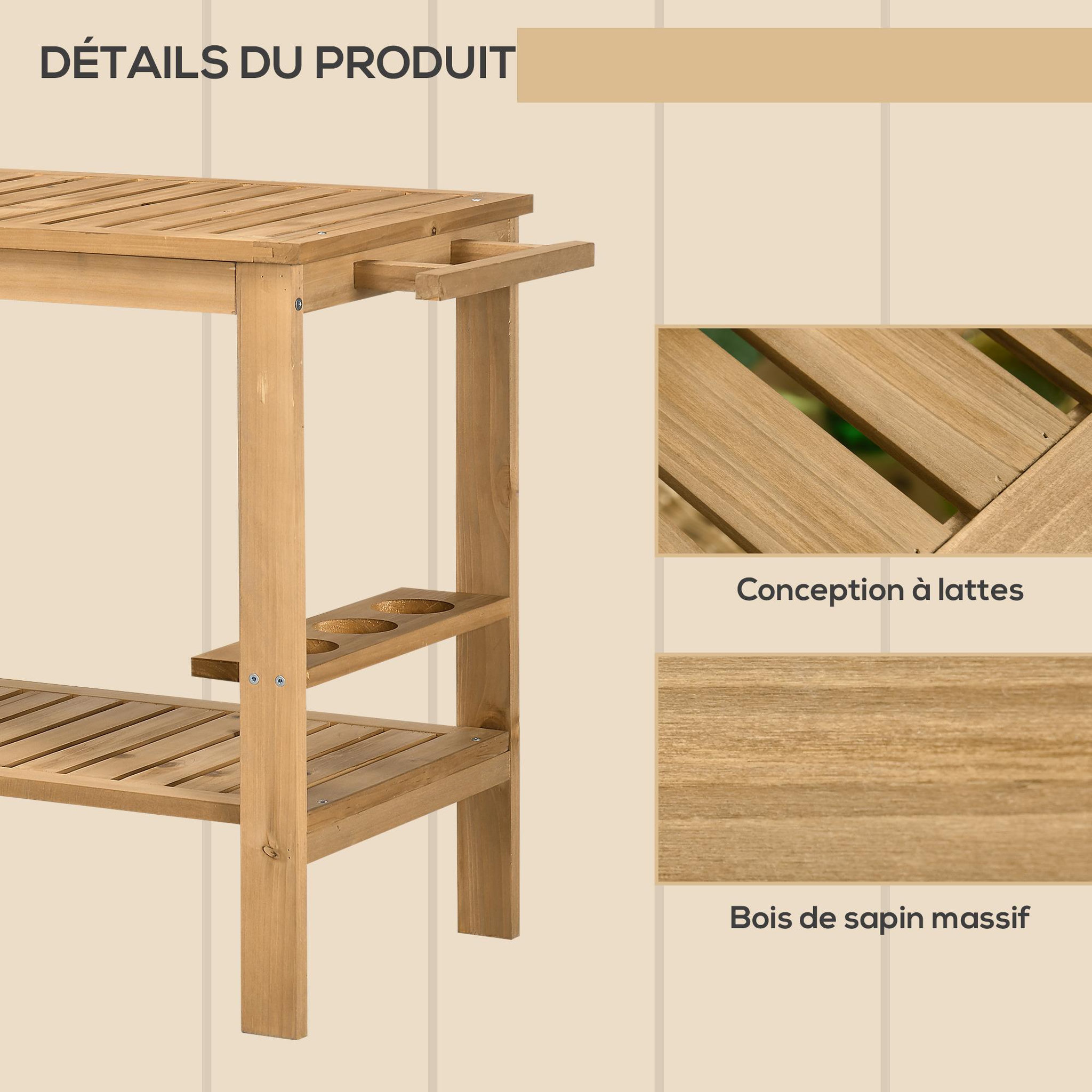 Voir la diapositive 6 : OUTSUNNY Desserte de jardin - desserte pour plancha - étagère, 3 porte-bouteilles, 2 roues, poignée - bois sapin pré-huilé