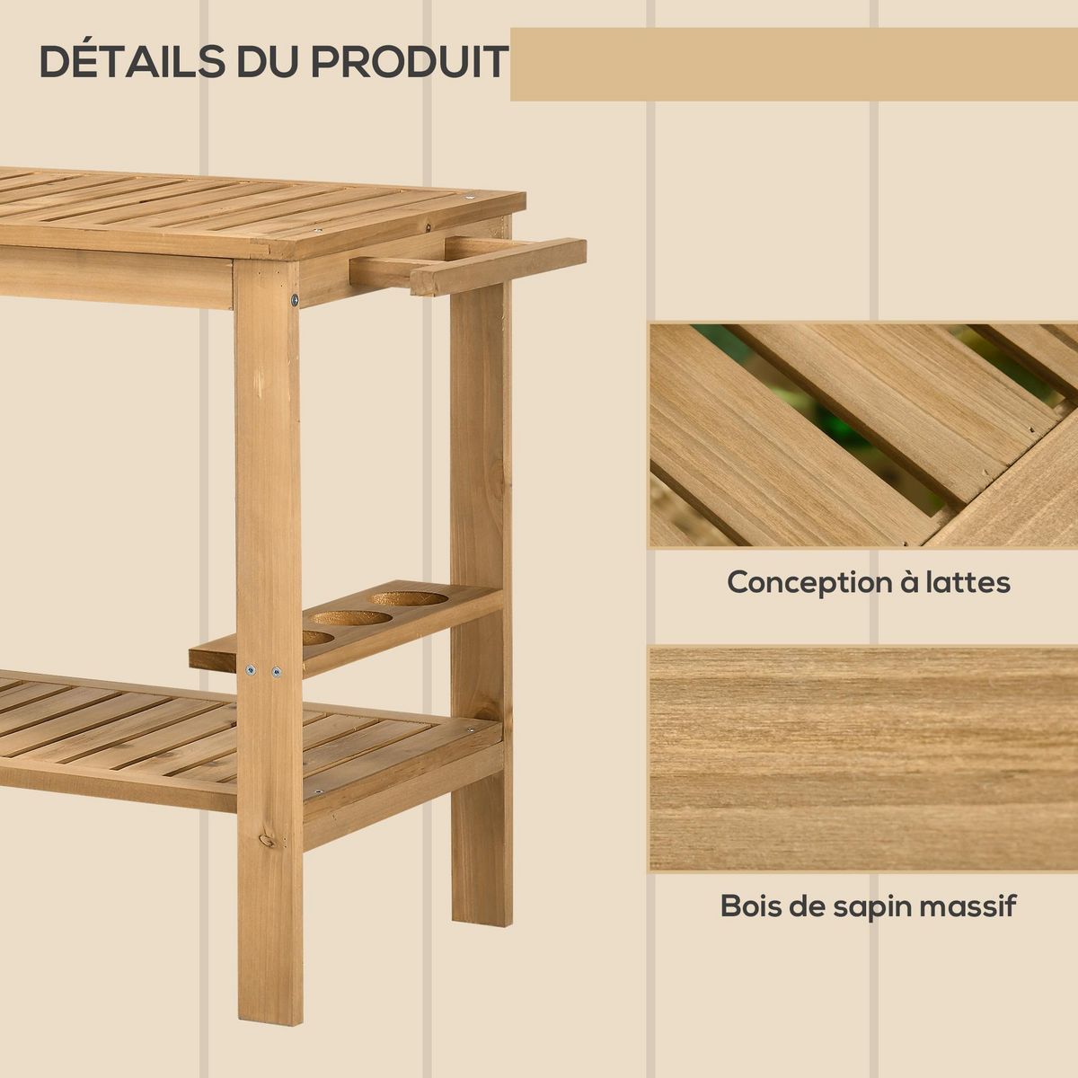 OUTSUNNY Desserte de jardin - desserte pour plancha - étagère, 3 porte-bouteilles, 2 roues, poignée - bois sapin pré-huilé