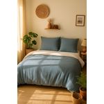 Les Ateliers du Linge Parure Gaze De Microfibre 260x240cm Bicolore Bleu Petrole + Blanc