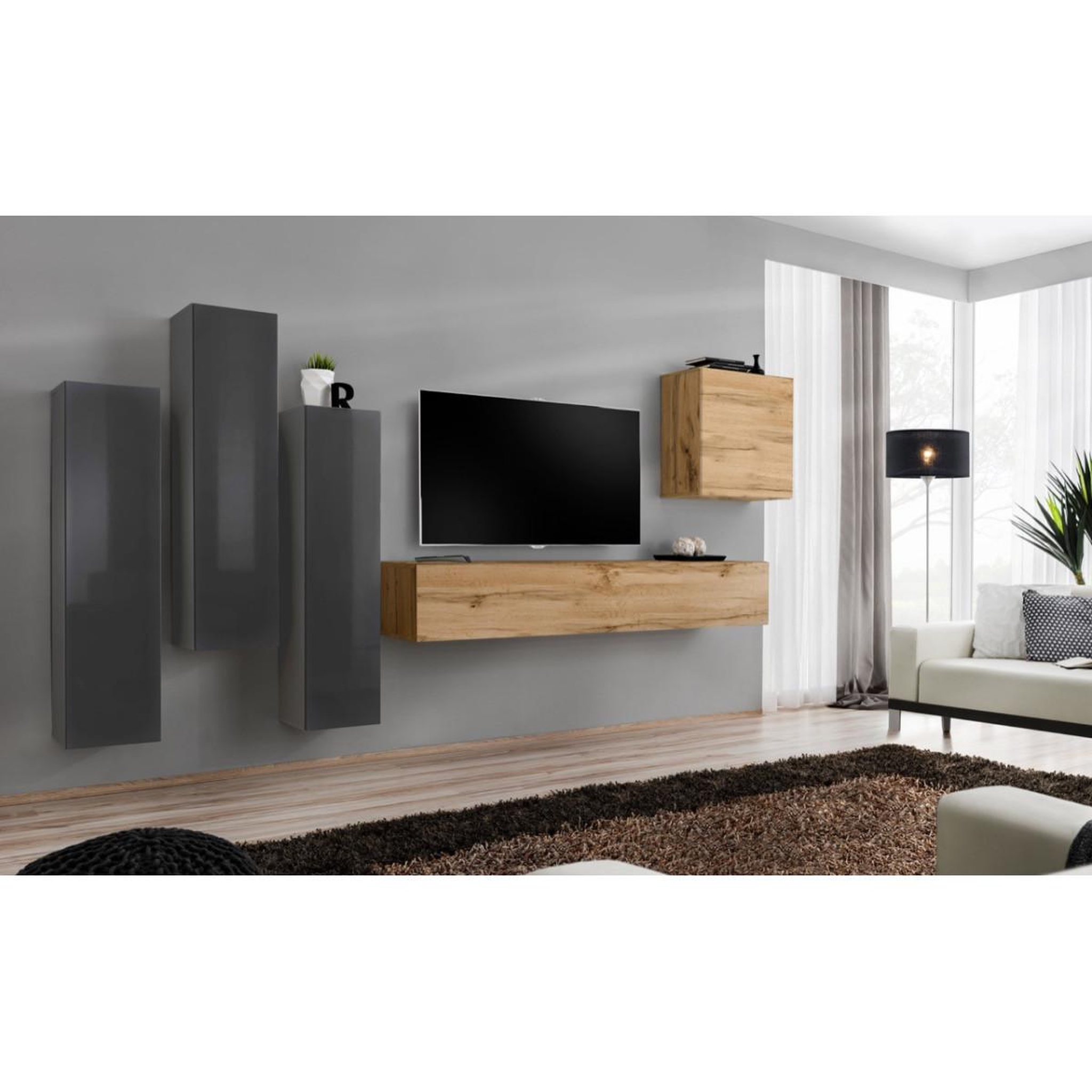 Voir la diapositive 2 : Paris Prix Meuble tv mural design  switch iii  330cm gris & naturel