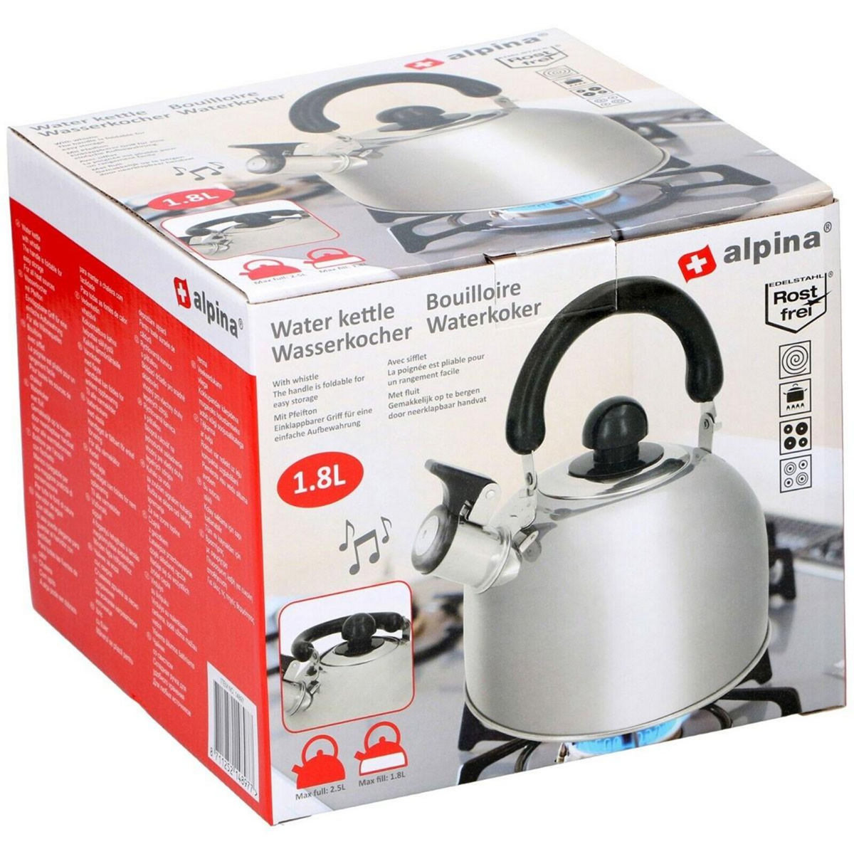 Alpina Bouilloire sifflante Cuve Inox 1.8L Tous feux Théière avec Sifflet Vintage ALPINA